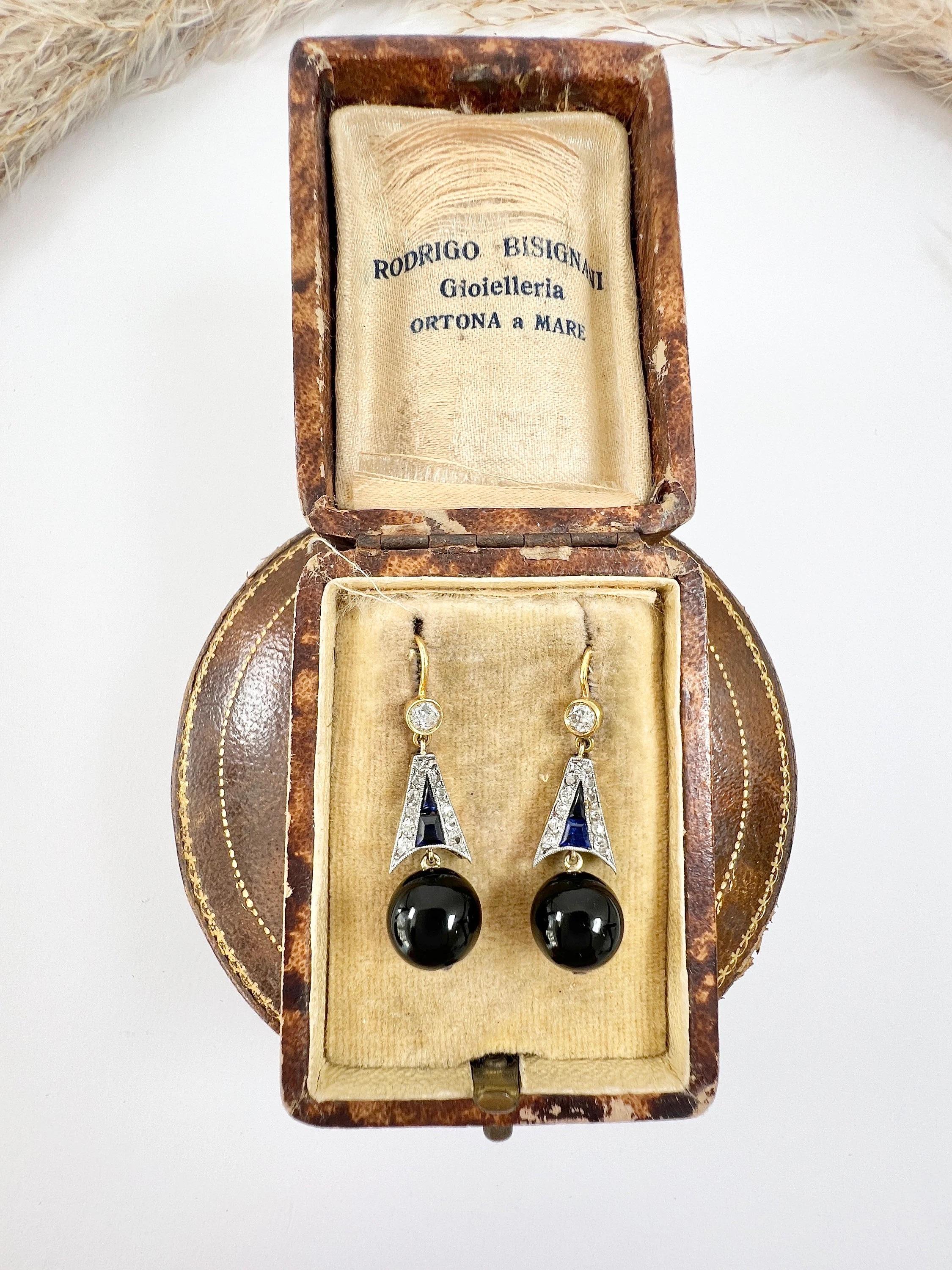 18ct Gold & Platinum Edwardian Diamond, Sapphire, Onyx  Drop Dangle Earrings For Sale 4