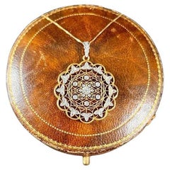 18ct Gold & Platinum Edwardian Filigree Kaleidoscope Diamond Pendant Necklace