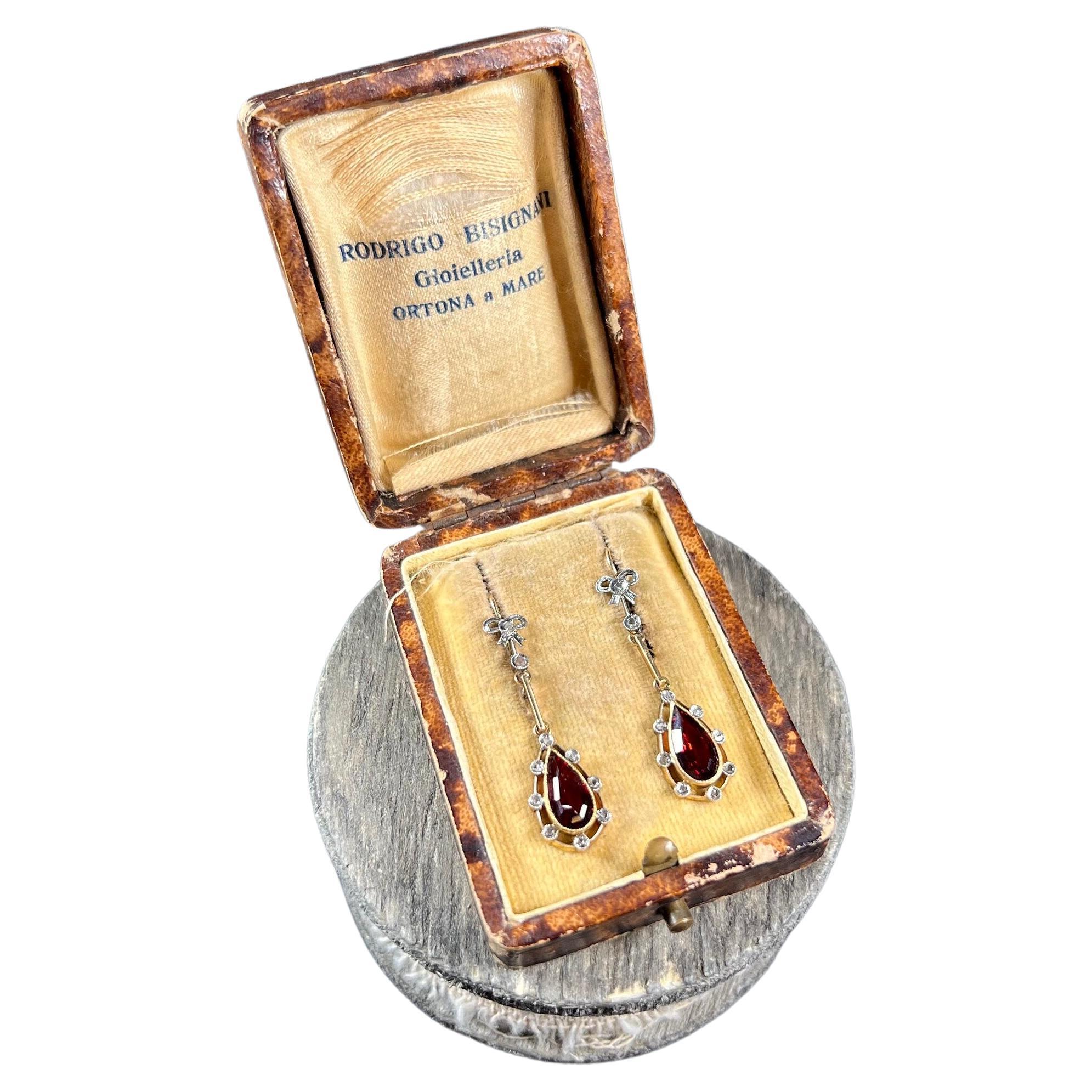 18ct Gold & Platinum Edwardian Garnet Teardrop Earrings with Diamond Bow Tops For Sale
