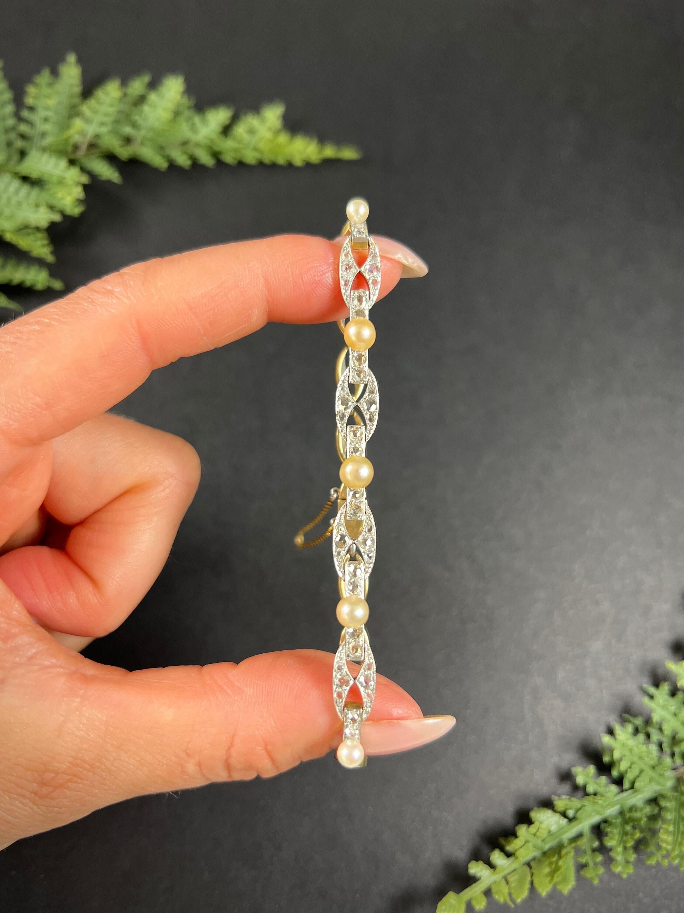Bracciale A Link con diamanti e perle ovali in oro 18 ct e platino francese di epoca edoardiana in vendita 1