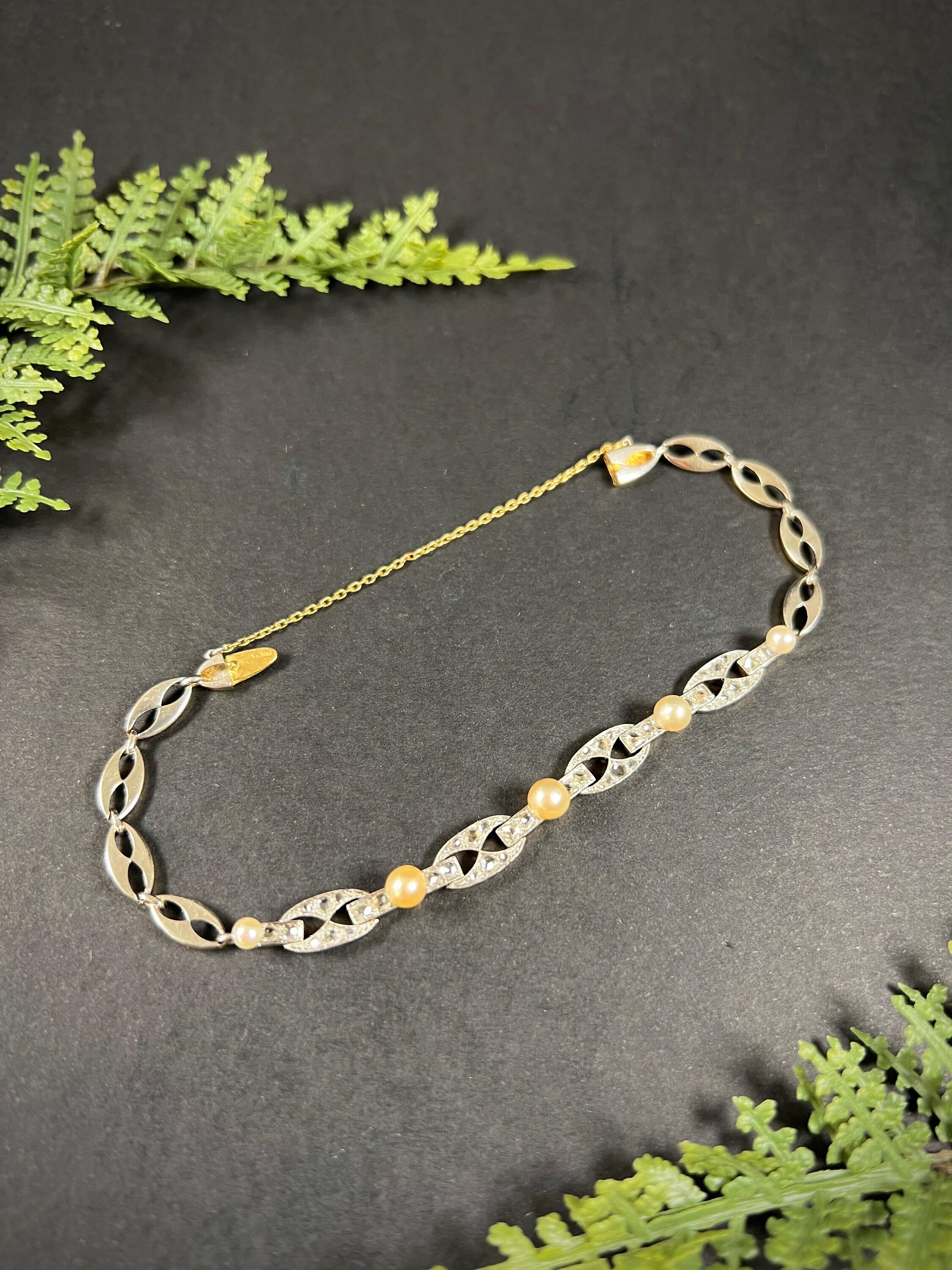 Bracciale A Link con diamanti e perle ovali in oro 18 ct e platino francese di epoca edoardiana in vendita 2