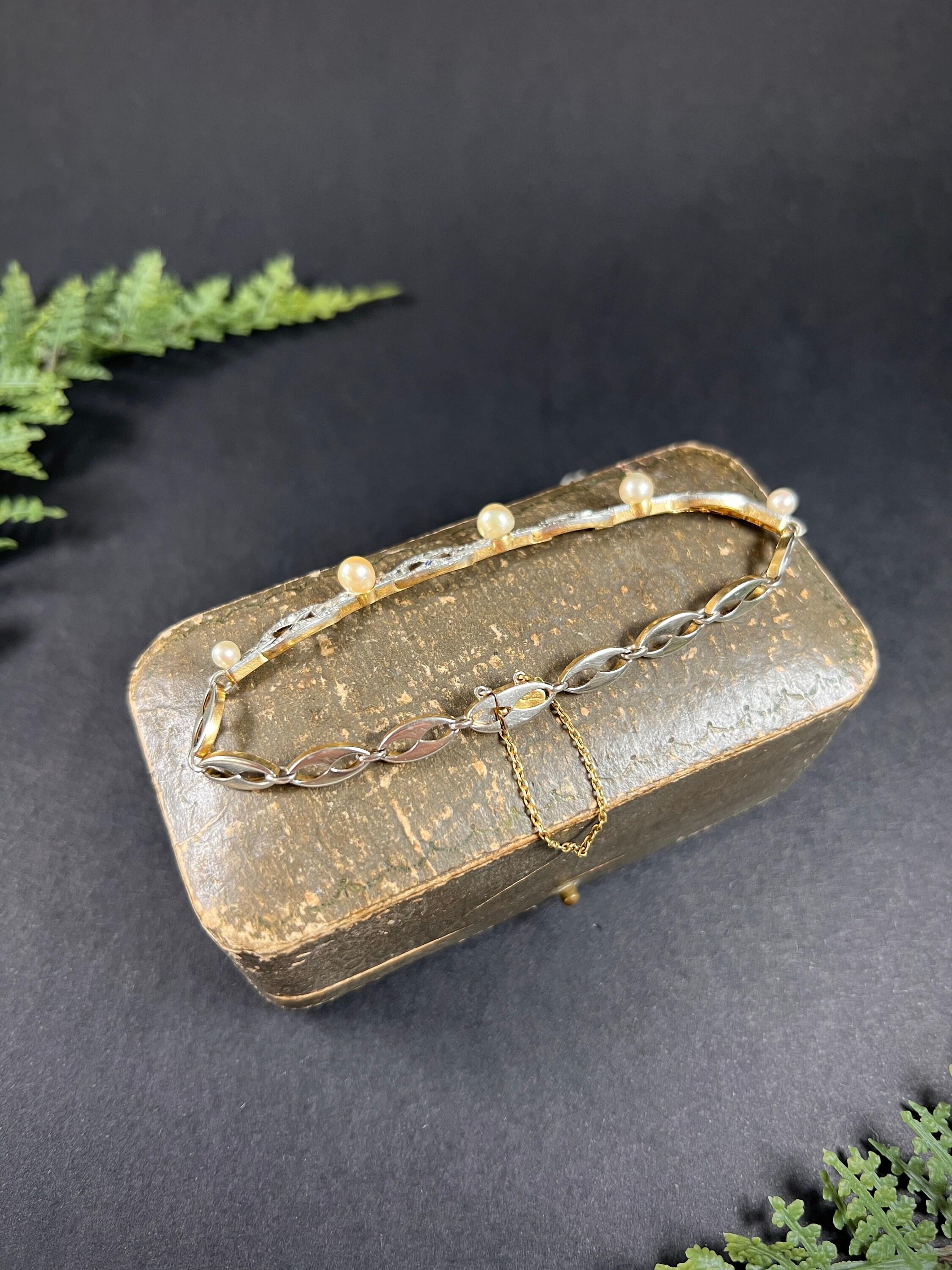 Bracciale A Link con diamanti e perle ovali in oro 18 ct e platino francese di epoca edoardiana in vendita 3