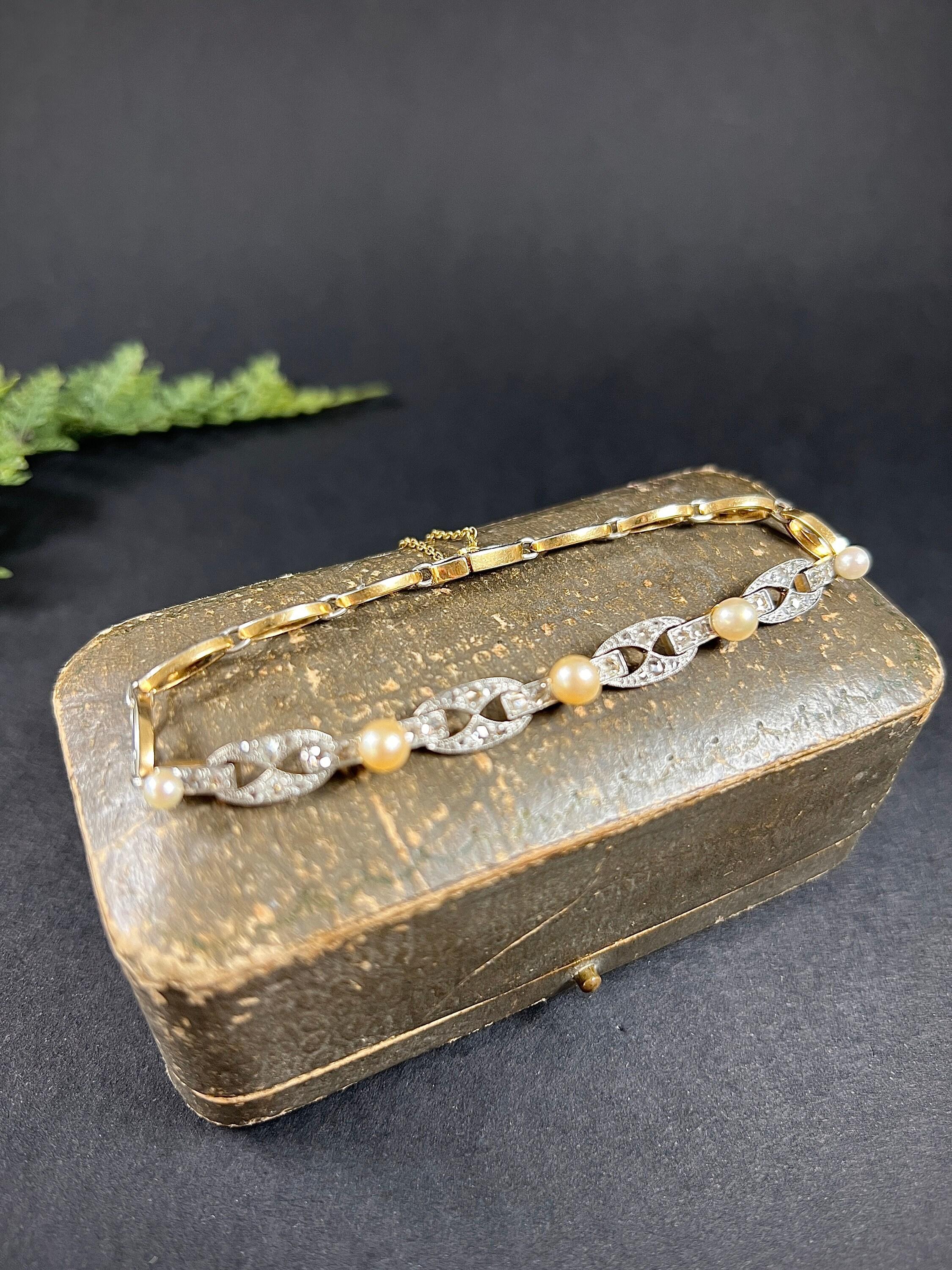 Bracciale A Link con diamanti e perle ovali in oro 18 ct e platino francese di epoca edoardiana in vendita 4
