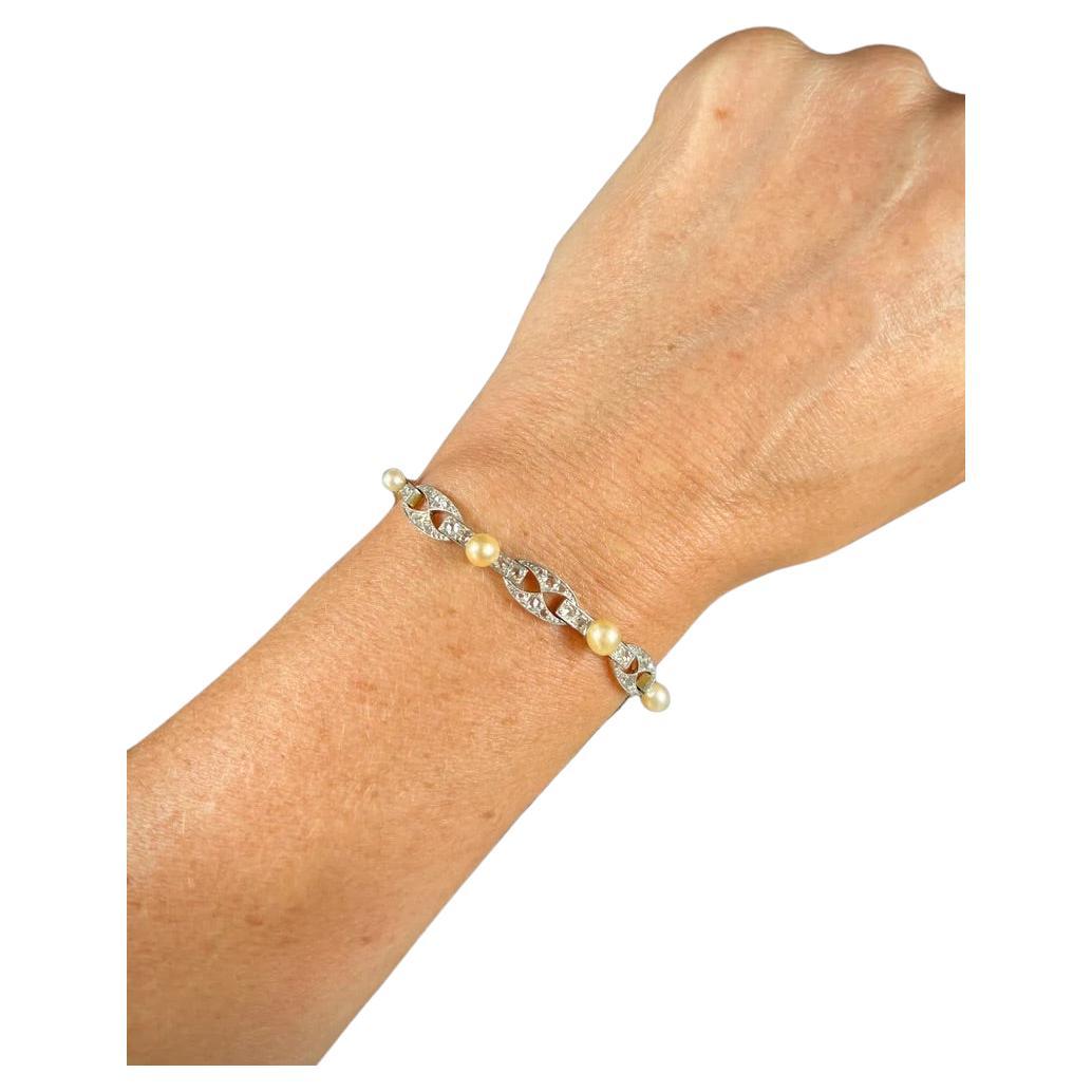 18ct Gold & Platinum French Edwardian Diamond & Pearl Oval Bar Link Bracelet