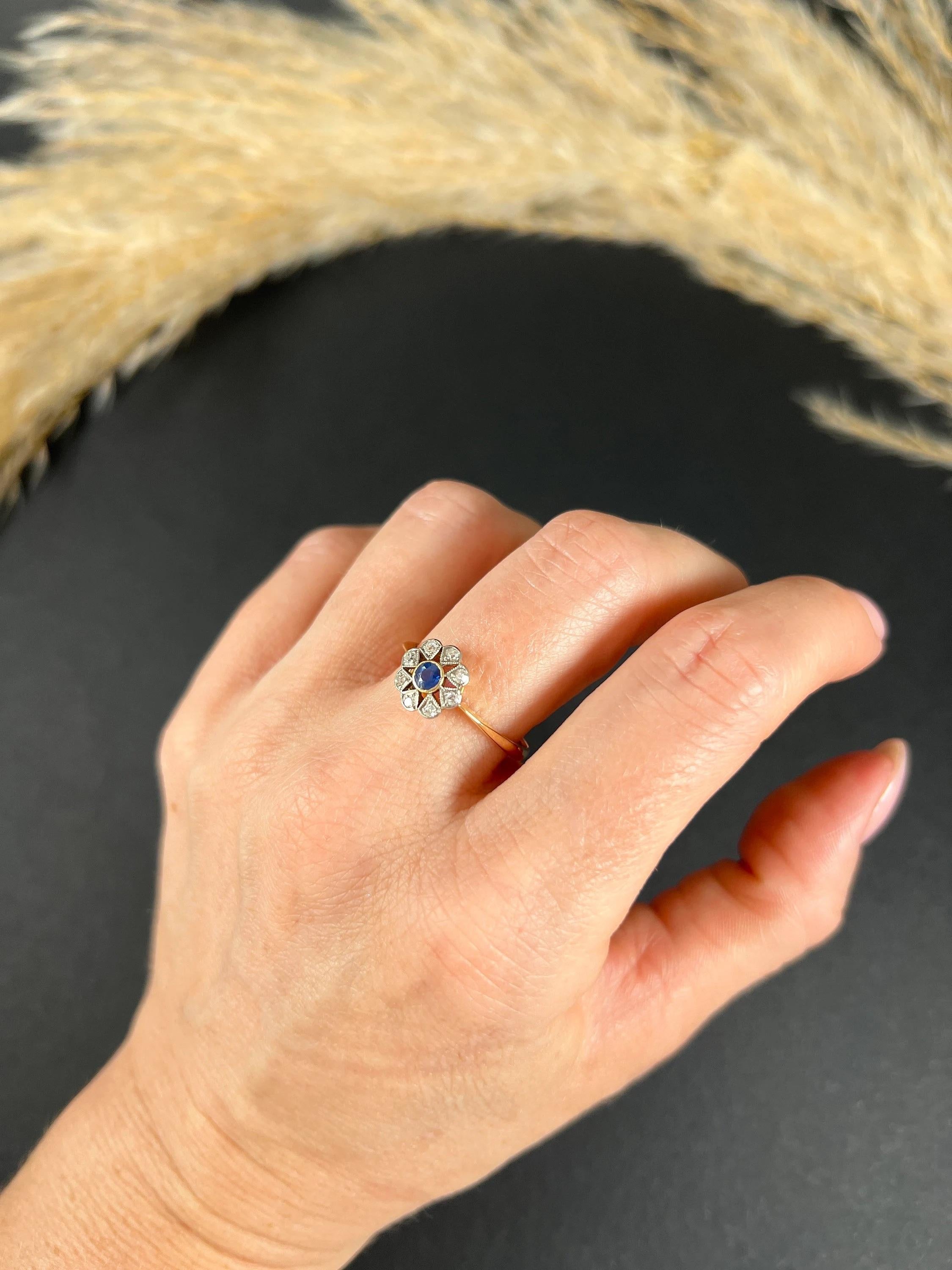 18ct Gold & Platinum Stamped, Edwardian Sapphire Diamond Daisy Star Cluster Ring For Sale 5