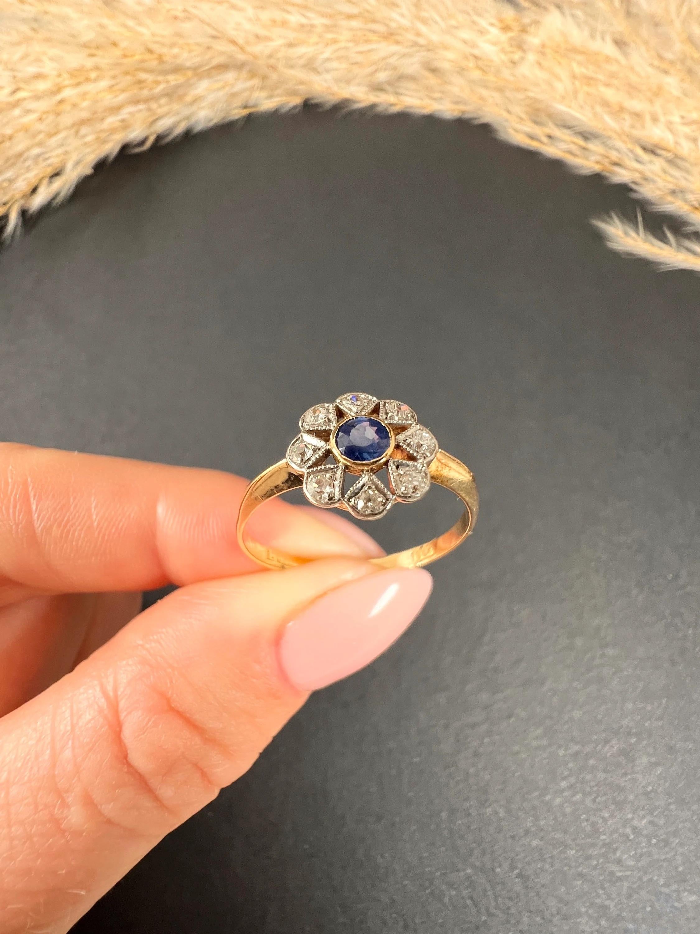 18ct Gold & Platinum Stamped, Edwardian Sapphire Diamond Daisy Star Cluster Ring For Sale 2