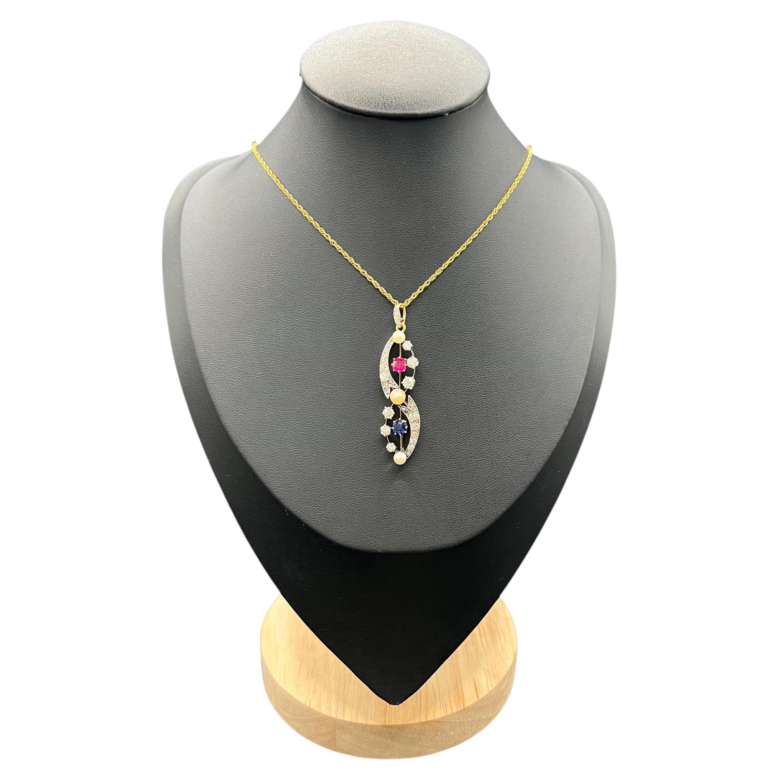 18ct Gold & Platinum Victorian Diamond, Sapphire Ruby and Pearl Pendent Necklace