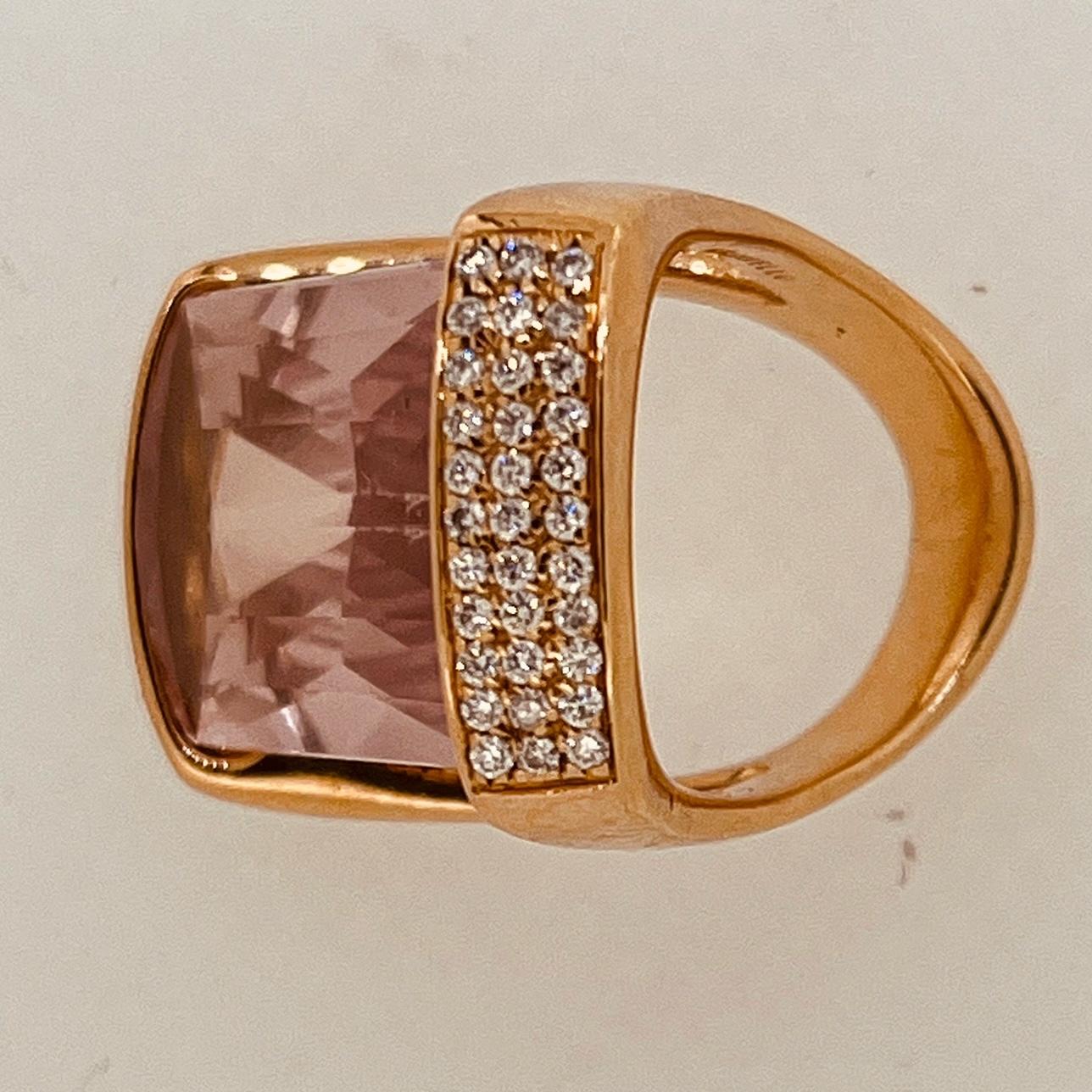 Women's 18ct Gold Ring Centering a Square Cut Morganite Suspended by 0.9ct Pave Diamonds For Sale