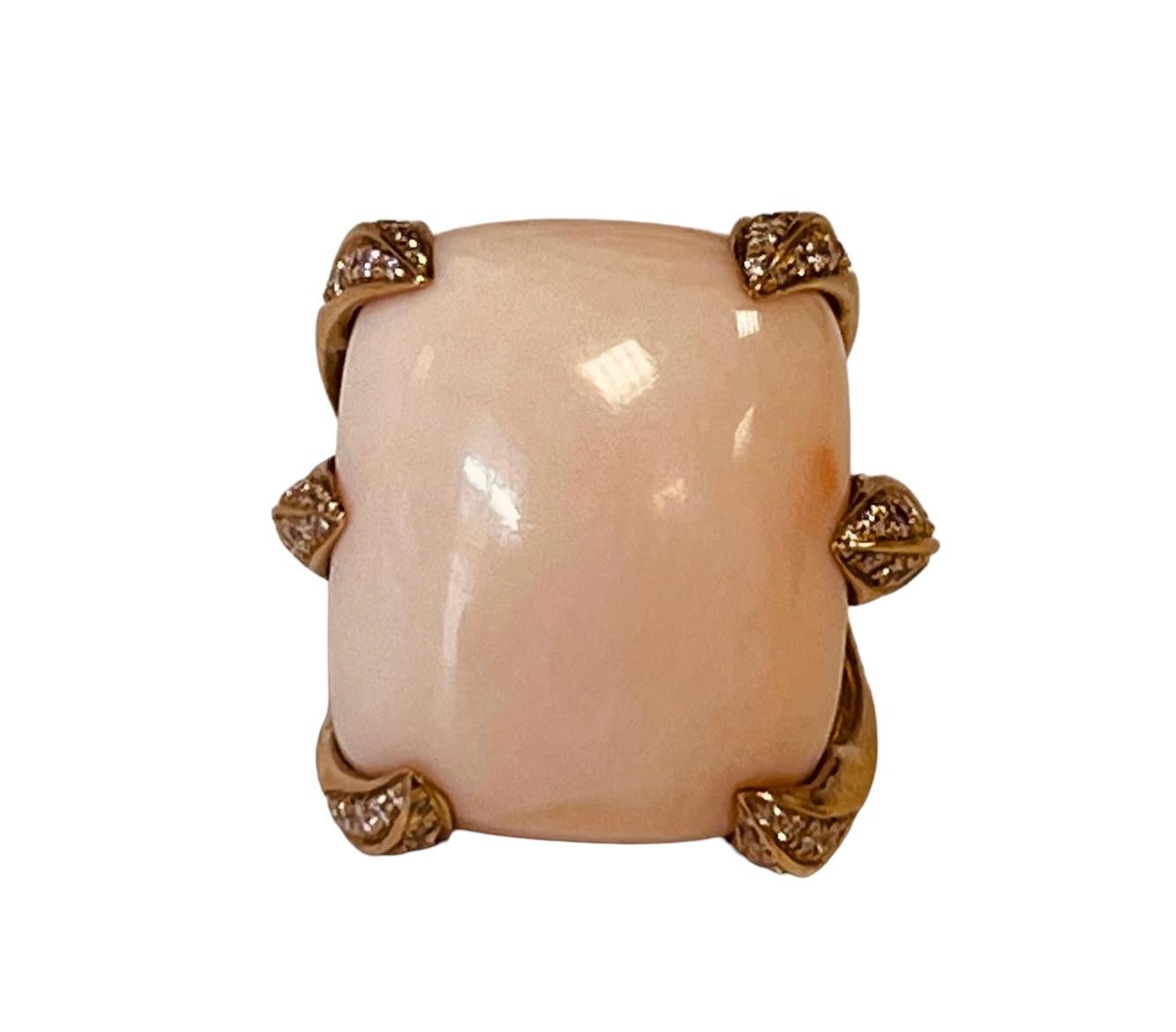 18ct Gold Ring Set With An Angel Skin Coral Held By Six Heavy Diamond Set Claws For Sale 7