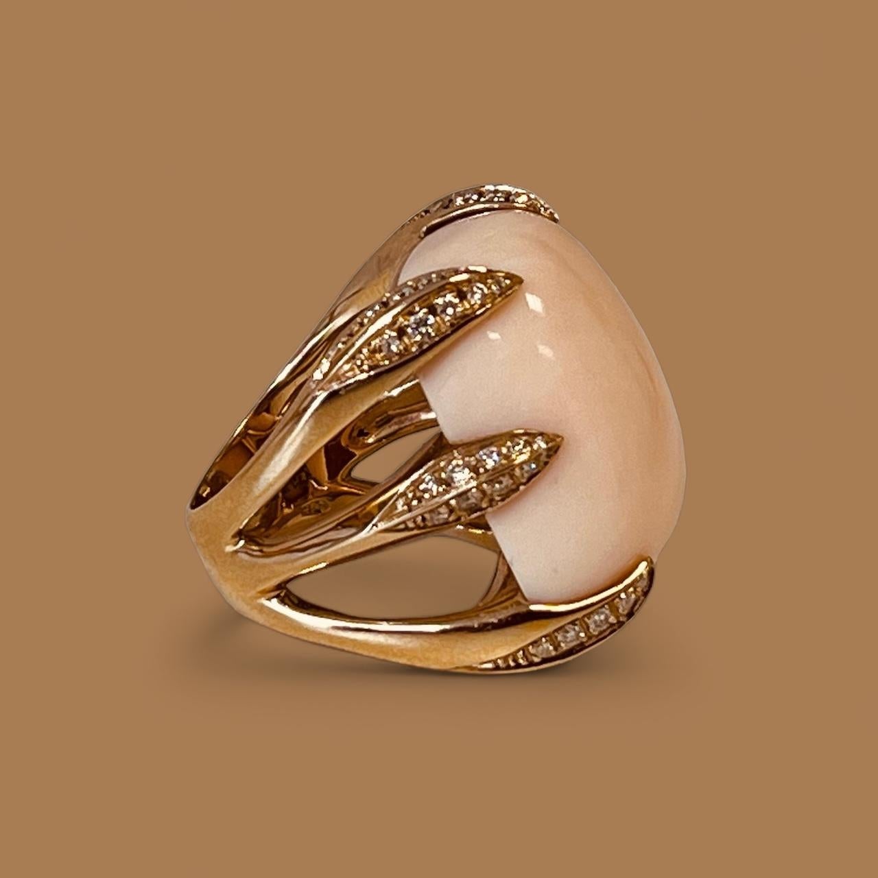 18ct Gold Ring Set With An Angel Skin Coral Held By Six Heavy Diamond Set Claws For Sale 9
