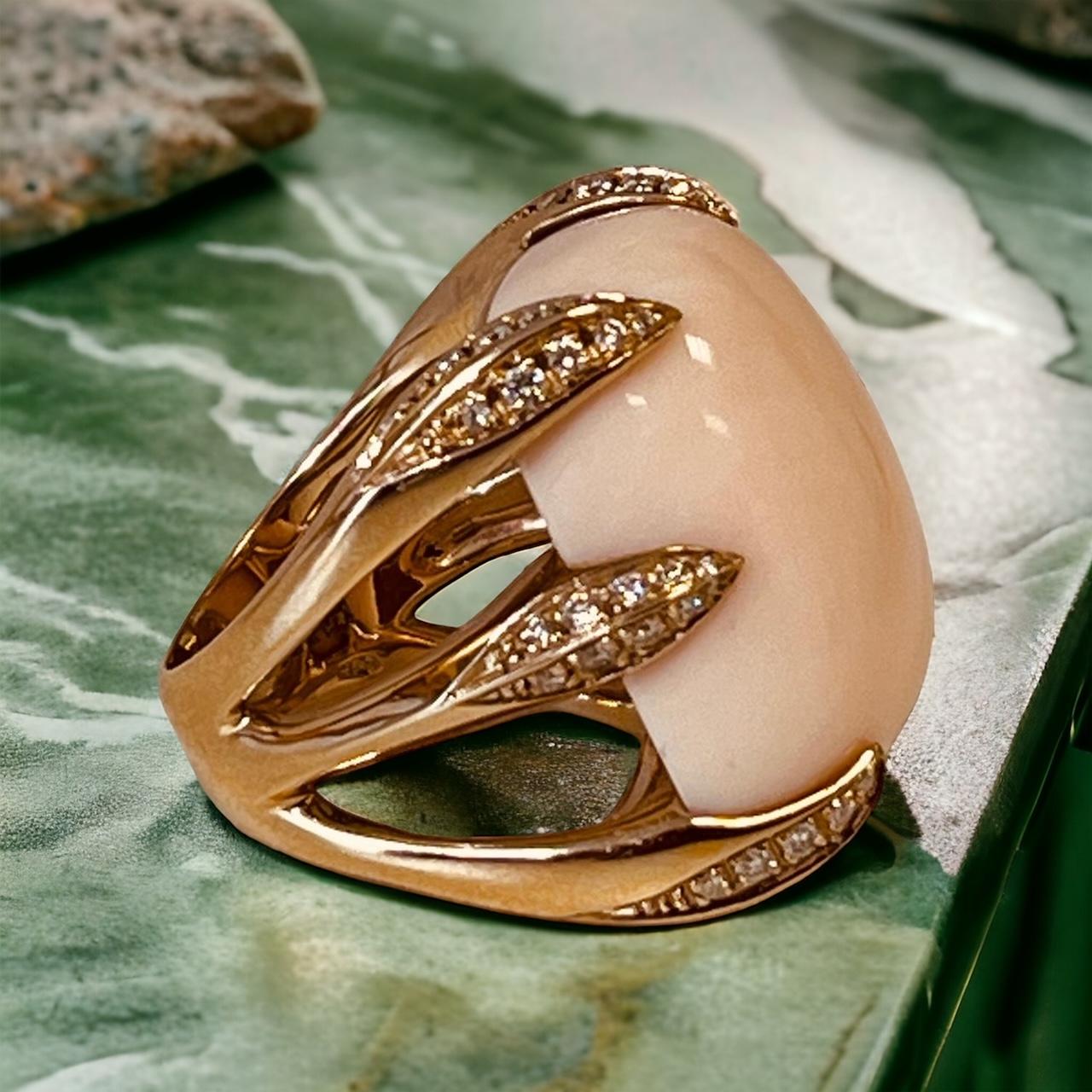 Women's 18ct Gold Ring Set With An Angel Skin Coral Held By Six Heavy Diamond Set Claws For Sale