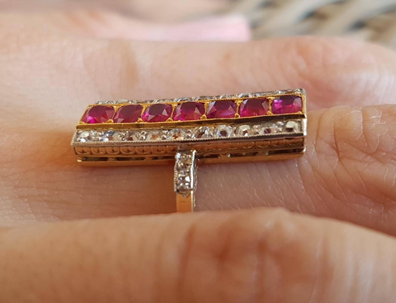 18 Carat Gold Ruby Diamond Art Deco Plaque Engagement Ring In Excellent Condition For Sale In Perth, AU