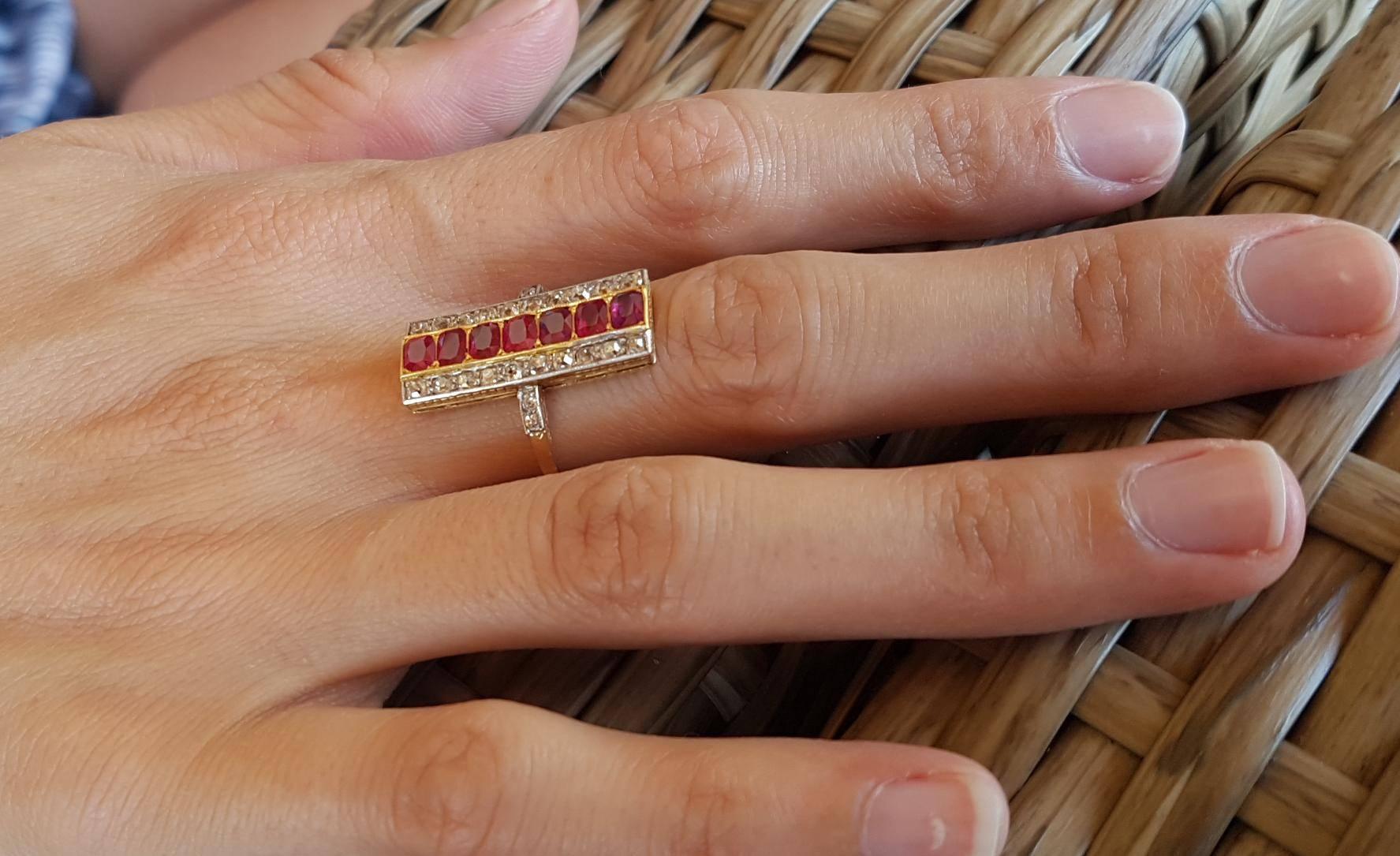 Women's 18 Carat Gold Ruby Diamond Art Deco Plaque Engagement Ring For Sale