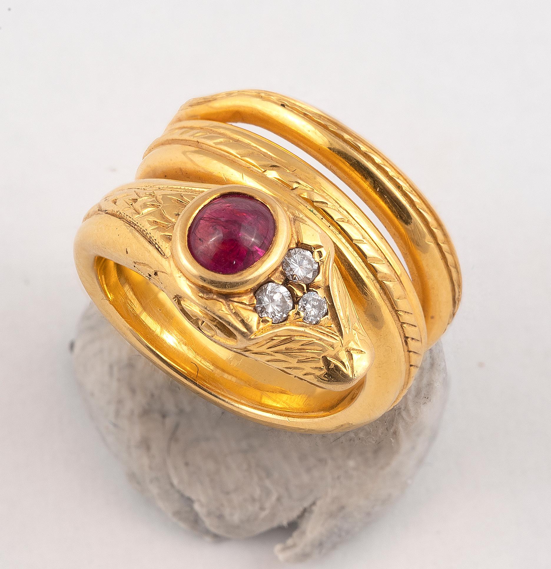 Art Nouveau 18 Carat Gold Ruby and Diamond Snake Ring