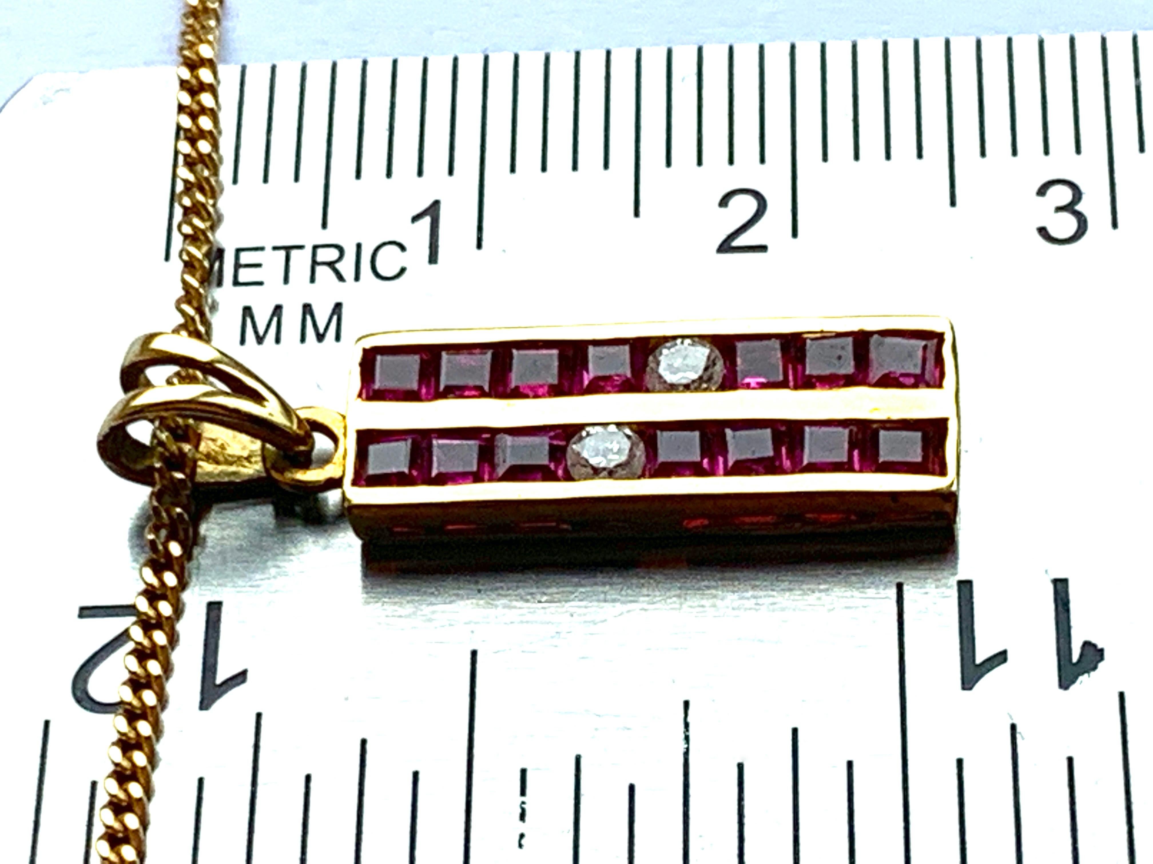 Princess Cut 18 Carat Gold Ruby and Diamond Pendant and 18 Carat Gold Chain For Sale