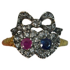 18 Carat Gold Ruby Sapphire Diamond Two Hearts Cluster Ring