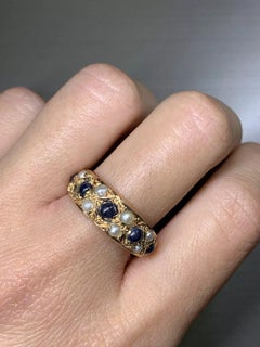 18ct Gold Sapphire And Pearl Victorian Antique Engagement Ring Rose Gold.