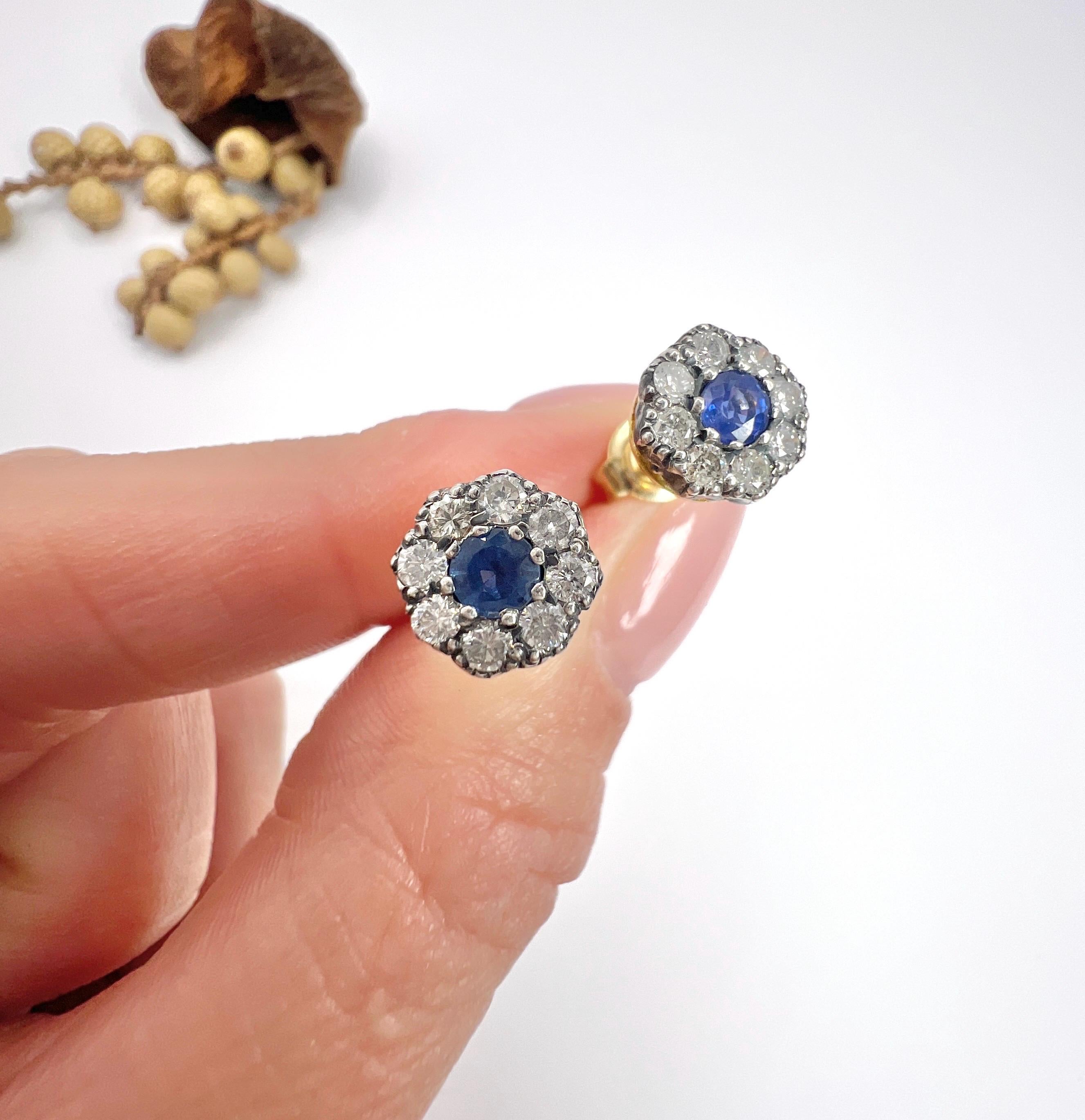 18ct Gold Sapphire & Diamond Daisy Cluster Stud Earrings 1