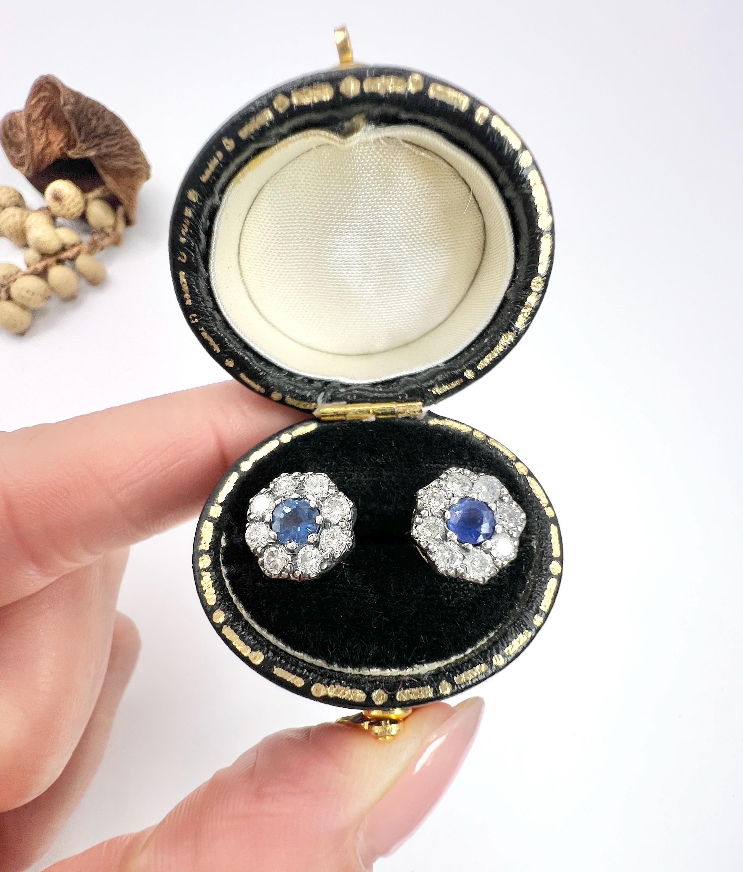 18ct Gold Sapphire & Diamond Daisy Cluster Stud Earrings 2