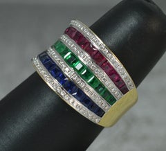 18 Carat Gold Sapphire Emerald Ruby and Diamond Cluster Band Ring