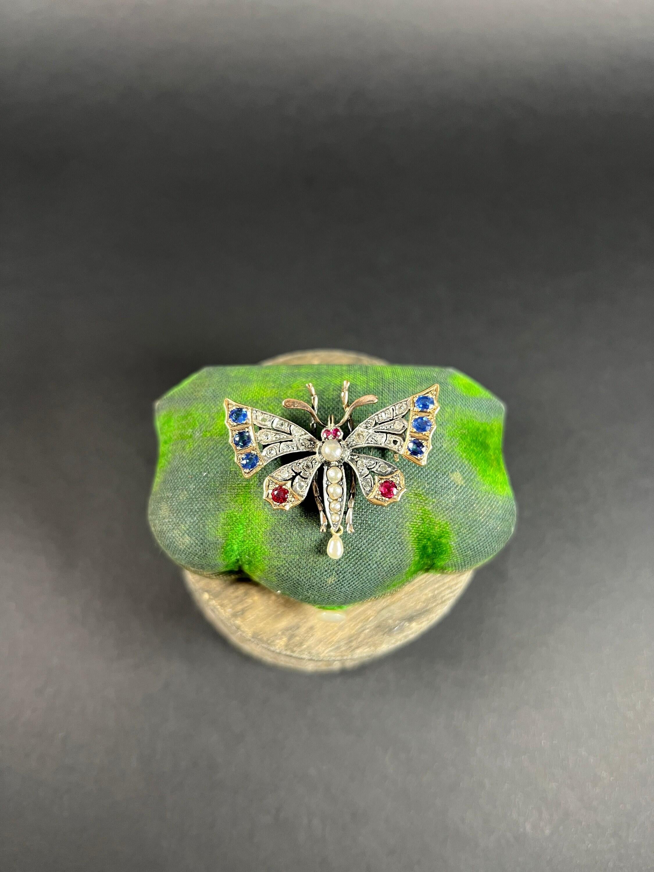 Mixed Cut 18ct Gold & Silver French Victorian Ruby Sapphire Diamond Pearl Butterfly Brooch For Sale