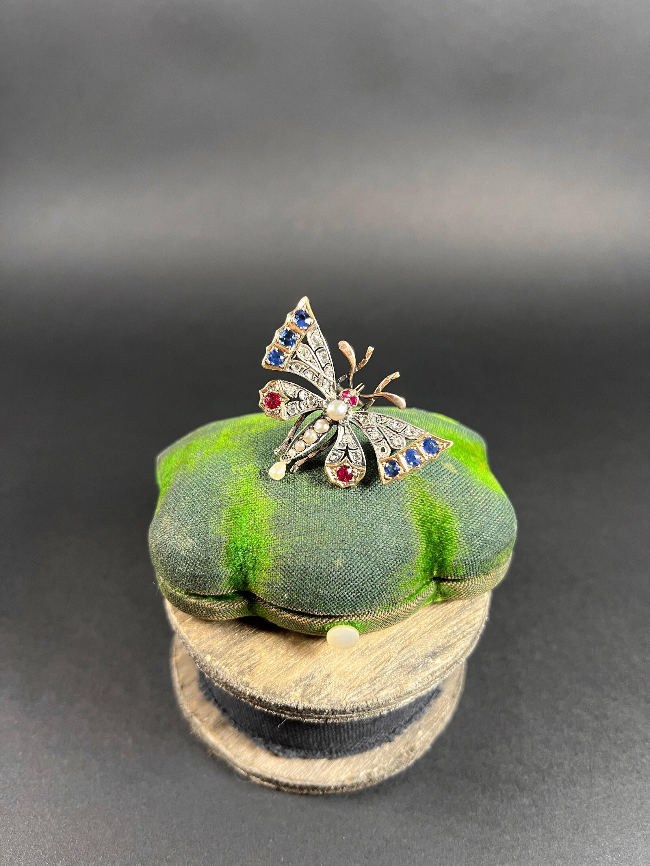 18ct Gold & Silver French Victorian Ruby Sapphire Diamond Pearl Butterfly Brooch In Good Condition For Sale In Brighton, GB