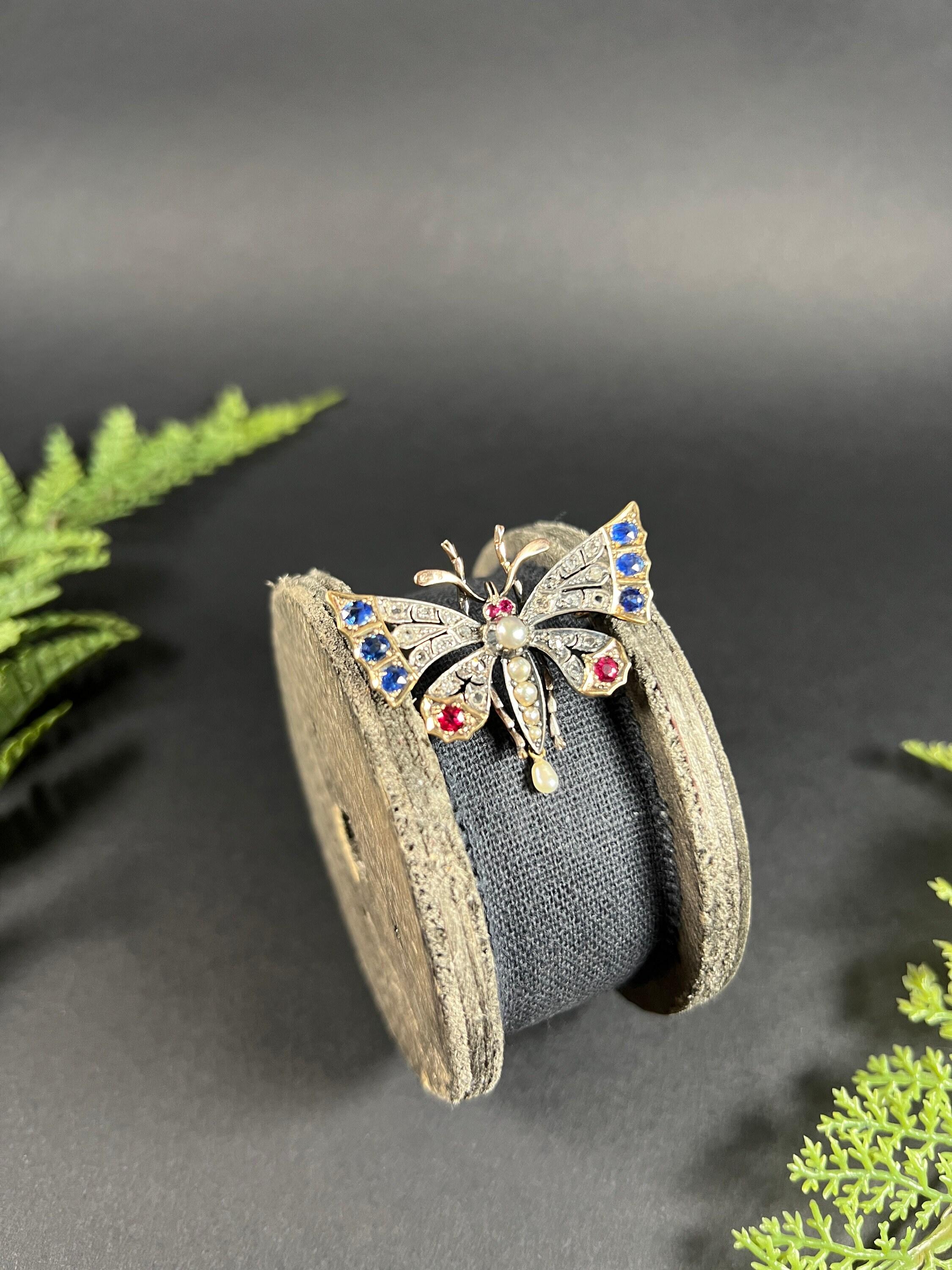 Women's or Men's 18ct Gold & Silver French Victorian Ruby Sapphire Diamond Pearl Butterfly Brooch For Sale