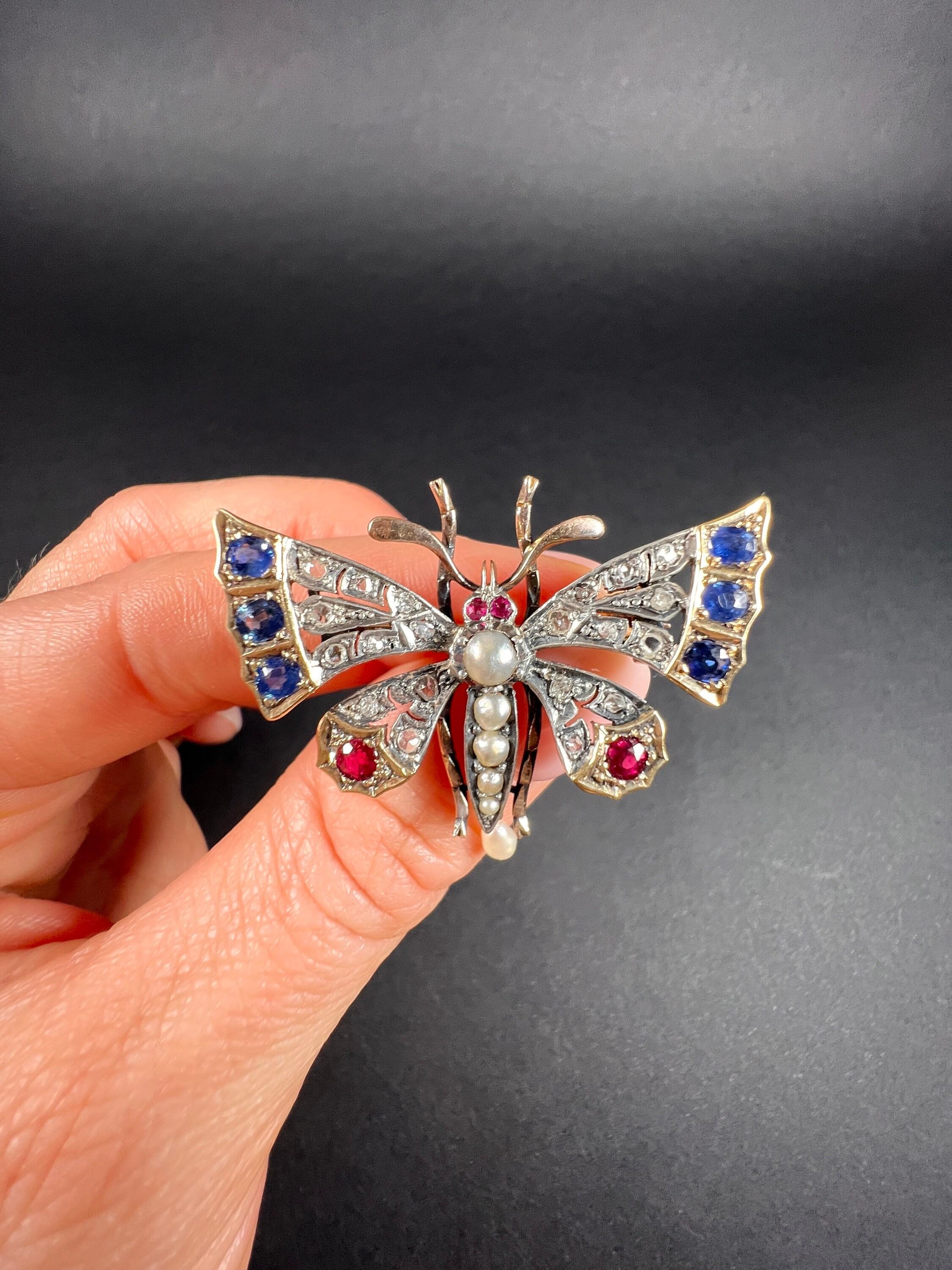 18ct Gold & Silver French Victorian Ruby Sapphire Diamond Pearl Butterfly Brooch For Sale 1