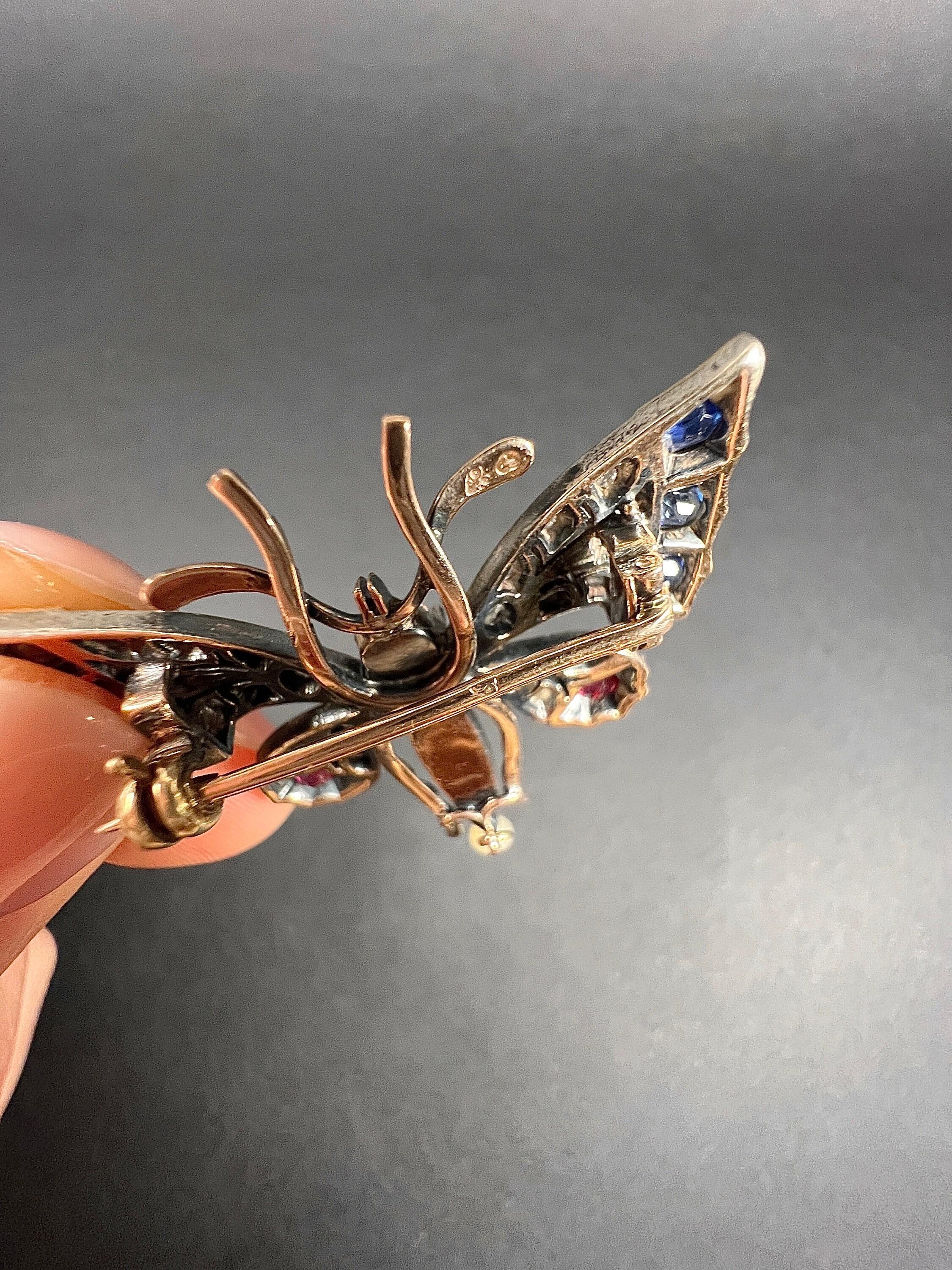 18ct Gold & Silver French Victorian Ruby Sapphire Diamond Pearl Butterfly Brooch For Sale 4