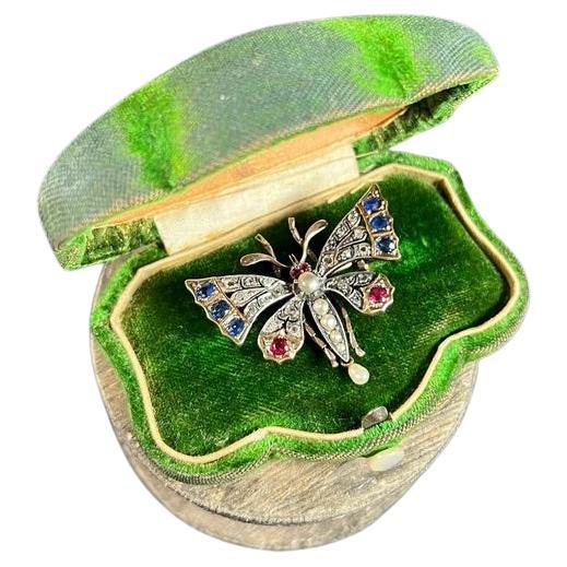 18ct Gold & Silver French Victorian Ruby Sapphire Diamond Pearl Butterfly Brooch