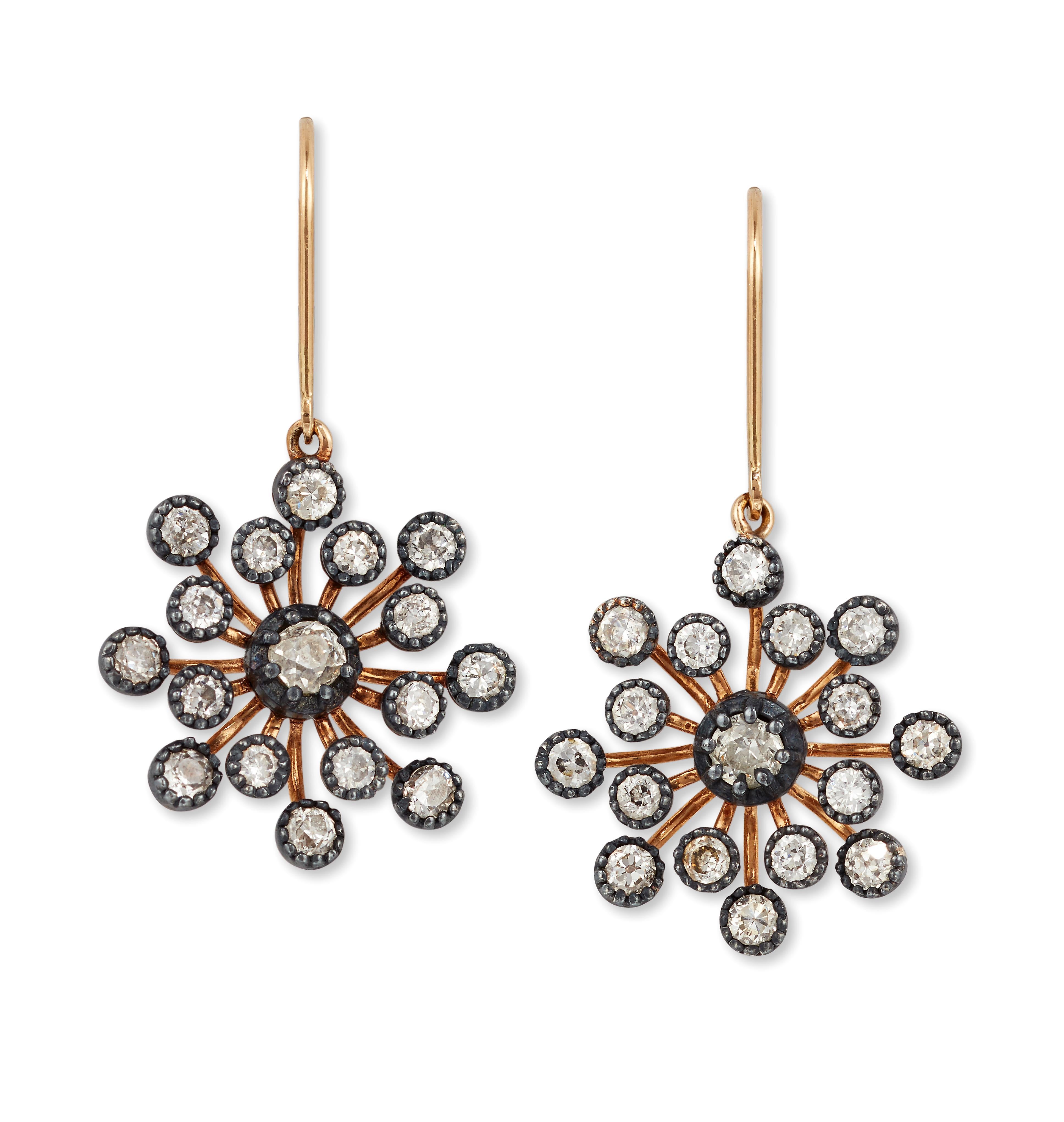 Contemporary 18ct Gold & Silver Set Snowflake Diamond Earrings For Sale