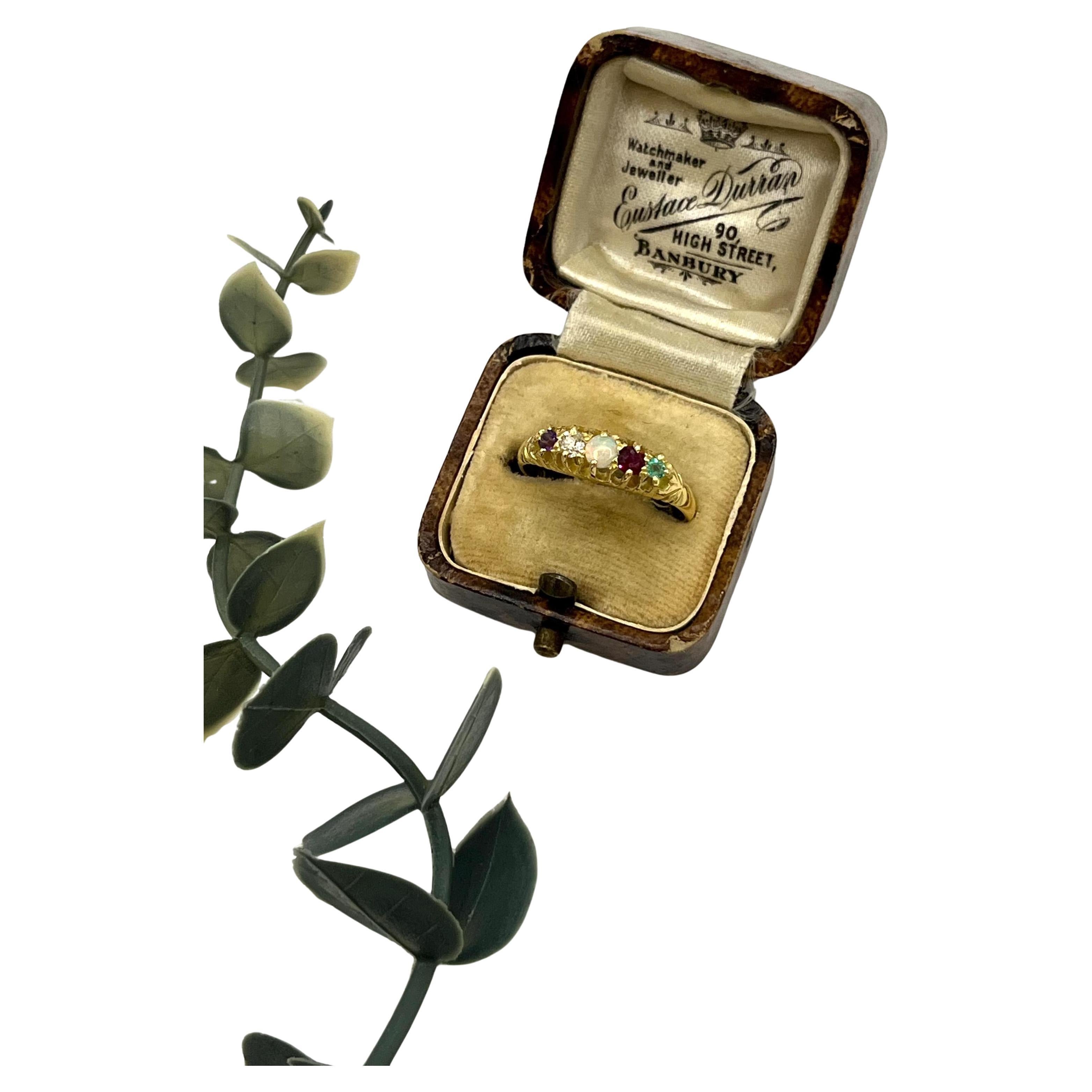 18ct Gold Stamped, Victorian ADORE Amethyst, Diamond, Opal, Ruby 
Emerald Ring For Sale