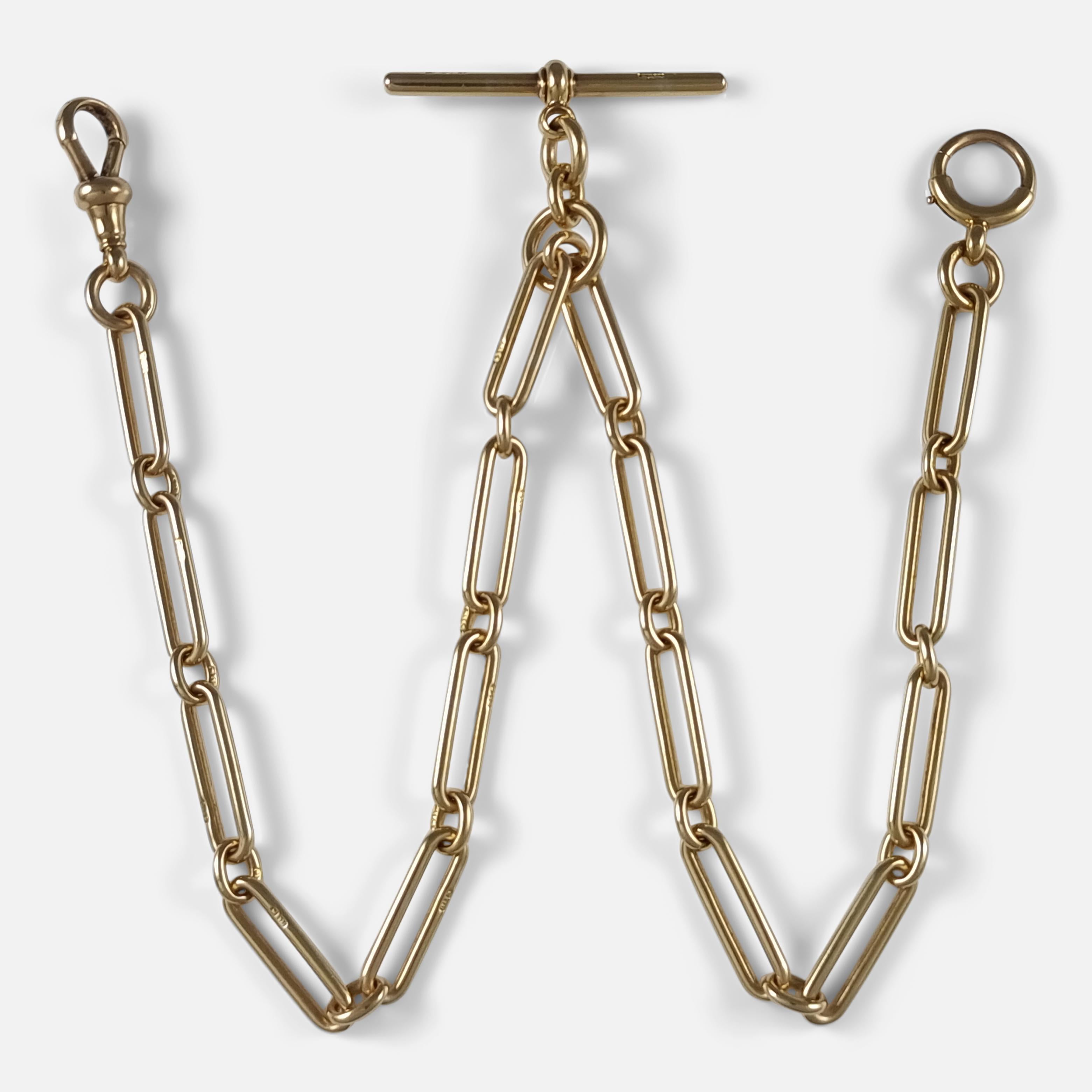 An antique 18ct yellow gold trombone link albert watch chain, and T-bar.

Date: - Circa 1920s.

Measurement: - 15 5/16 inches (38.9 cm) from dog-clip to spring-ring clasp. The chain links measure 5.8mm in width. 

Weight: - 41.8 grams.

Condition: -
