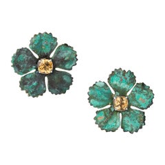 18ct Gold, Verdigris Brass, Rhodium, Enamel and Citrine Flower Earrings