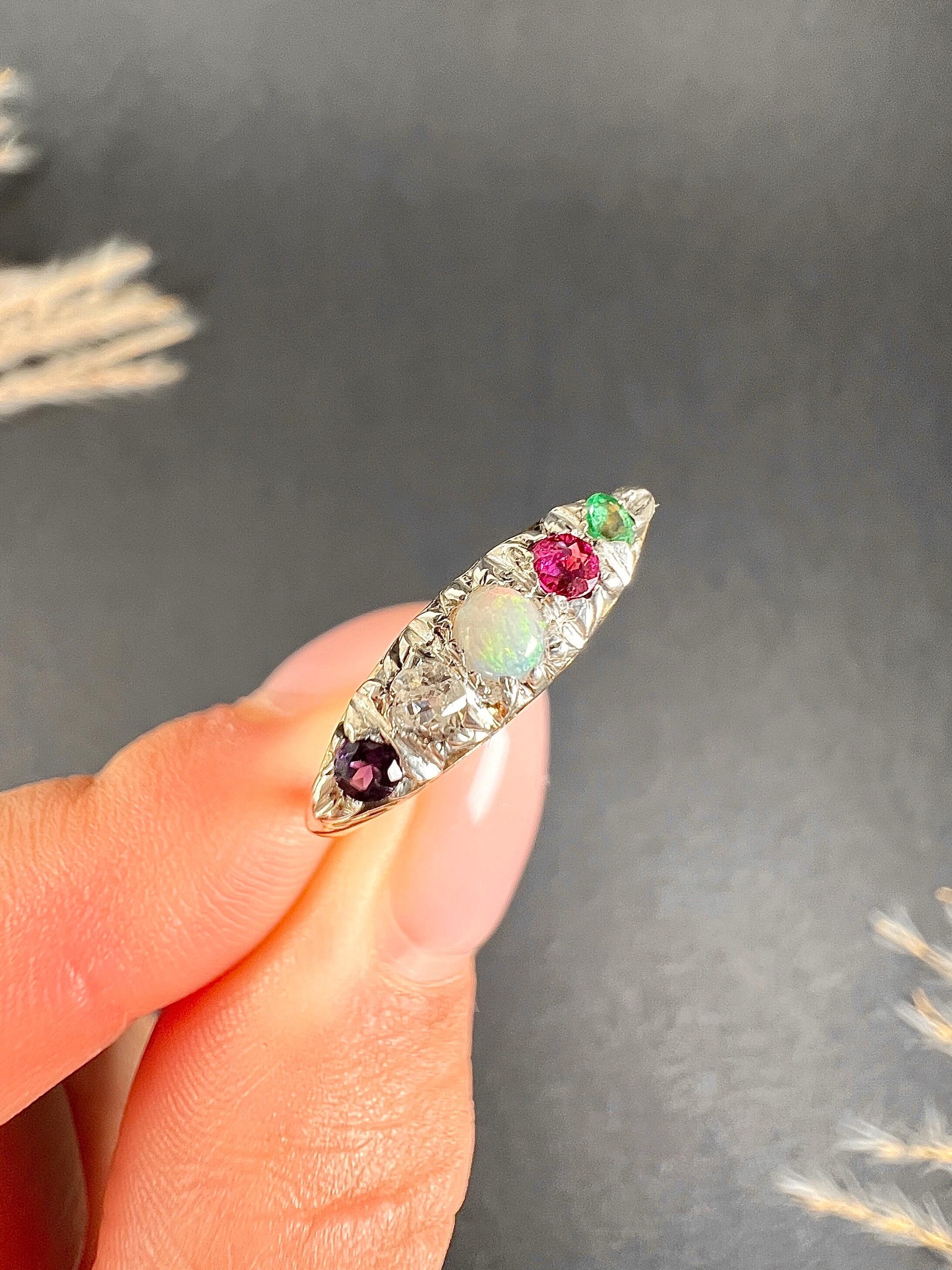 18 Karat Gold viktorianischer ADORE Acrostic-Ring mit Amethyst, Diamant, Opal, Rubin und Smaragd im Angebot 4