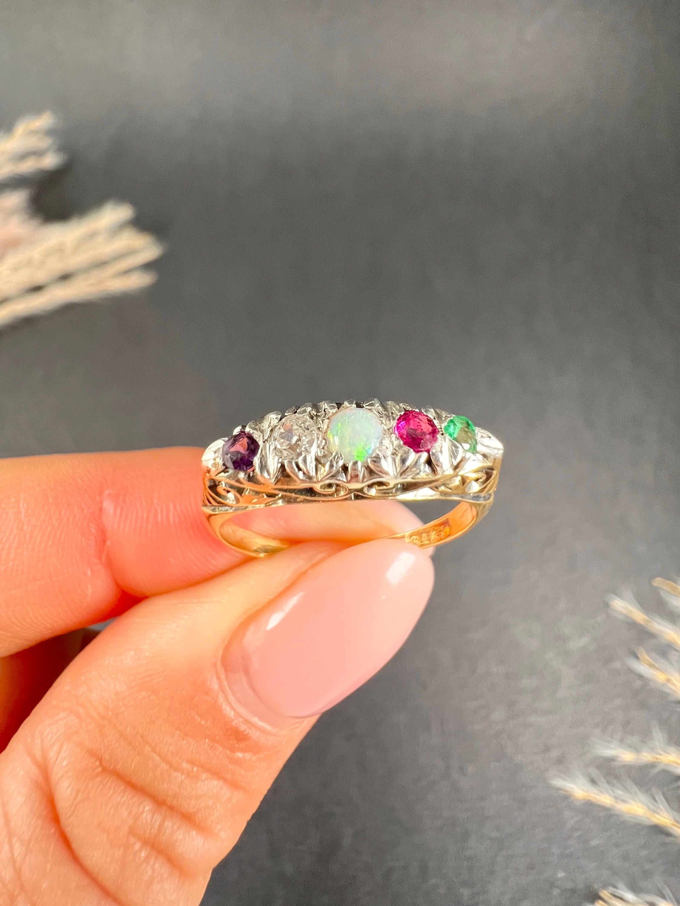 18ct Gold Victorian ADORE Amethyst, Diamond, Opal, Ruby & Emerald Acrostic Ring For Sale 1