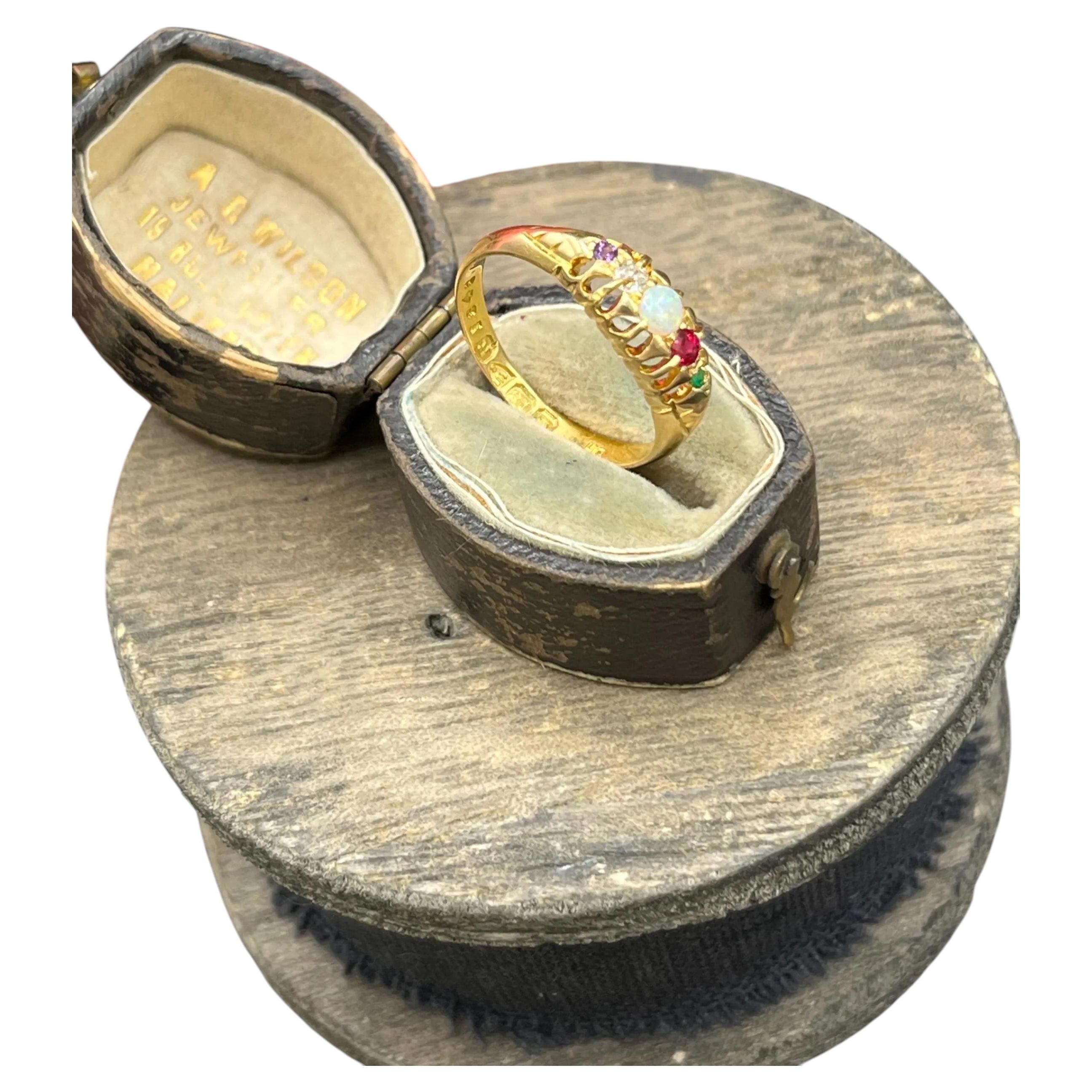 18ct Gold, Victorian ADORE Amethyst, Diamond, Opal, Ruby & Emerald Acrostic Ring