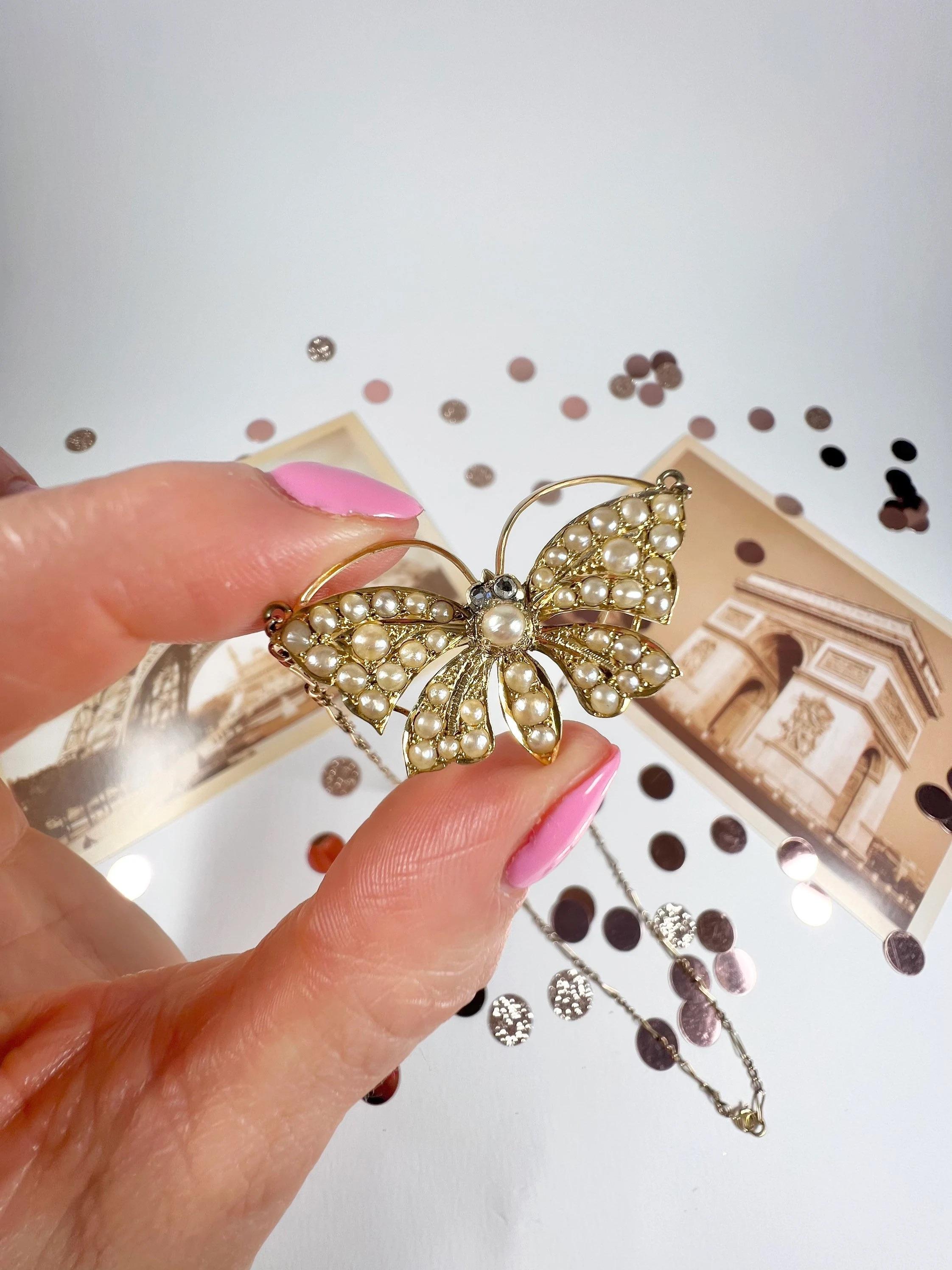 Collier papillon victorien en or 18ct avec perles de rocaille et yeux en diamant naturel en vente 4
