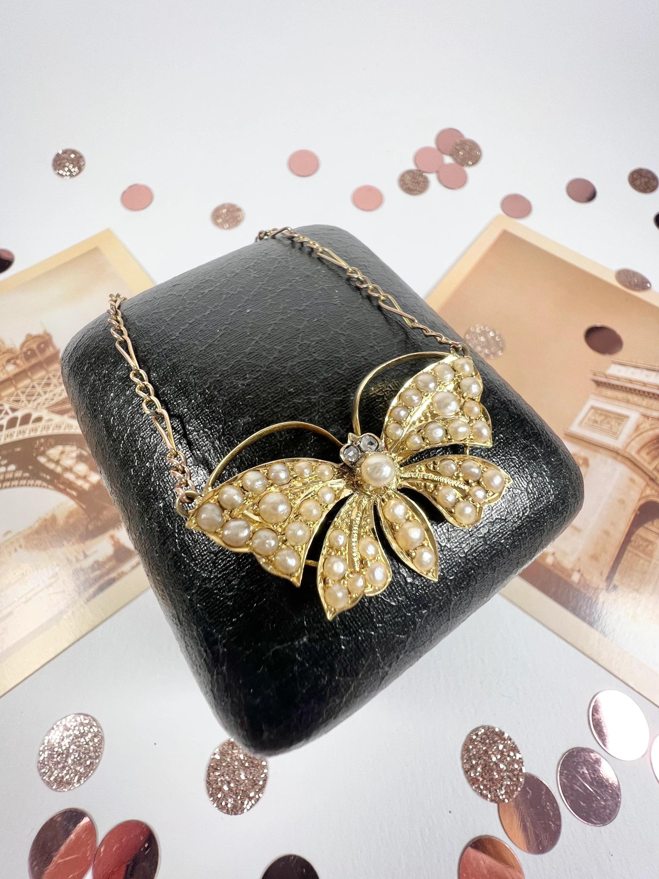 Collier papillon victorien en or 18ct avec perles de rocaille et yeux en diamant naturel en vente 5