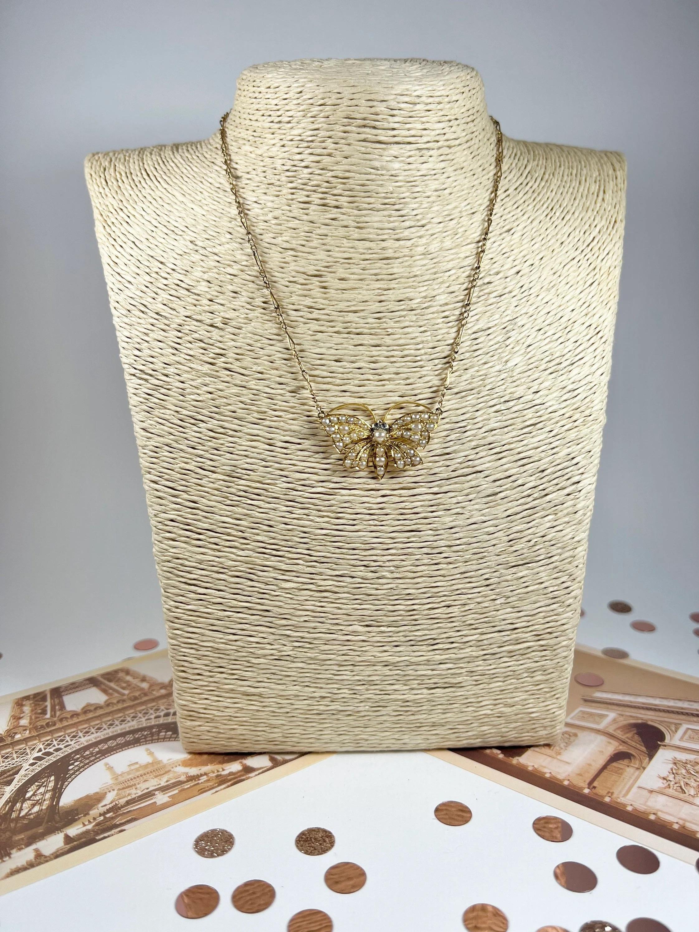 Collier papillon victorien en or 18ct avec perles de rocaille et yeux en diamant naturel Bon état - En vente à Brighton, GB