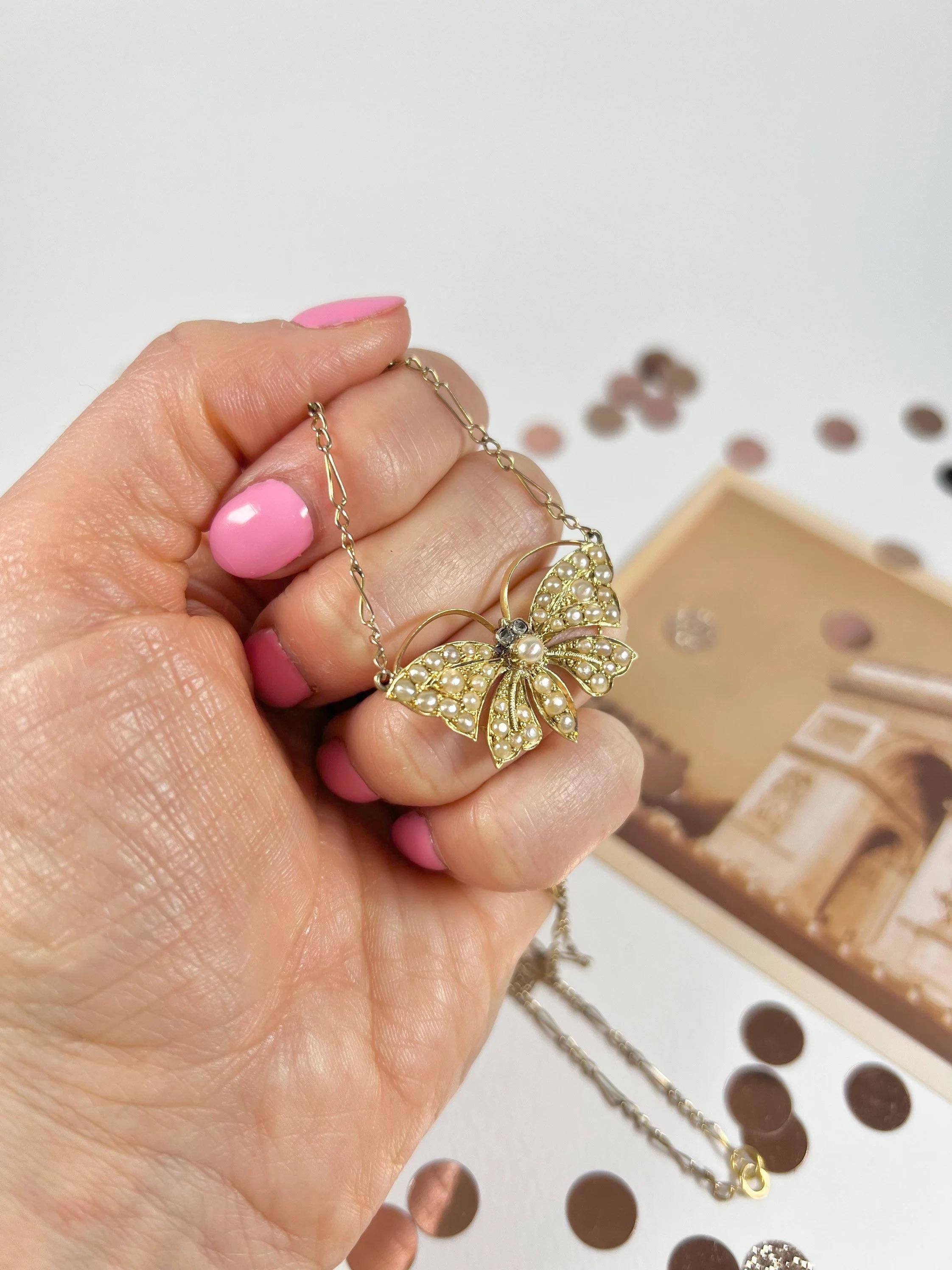 Collier papillon victorien en or 18ct avec perles de rocaille et yeux en diamant naturel en vente 2