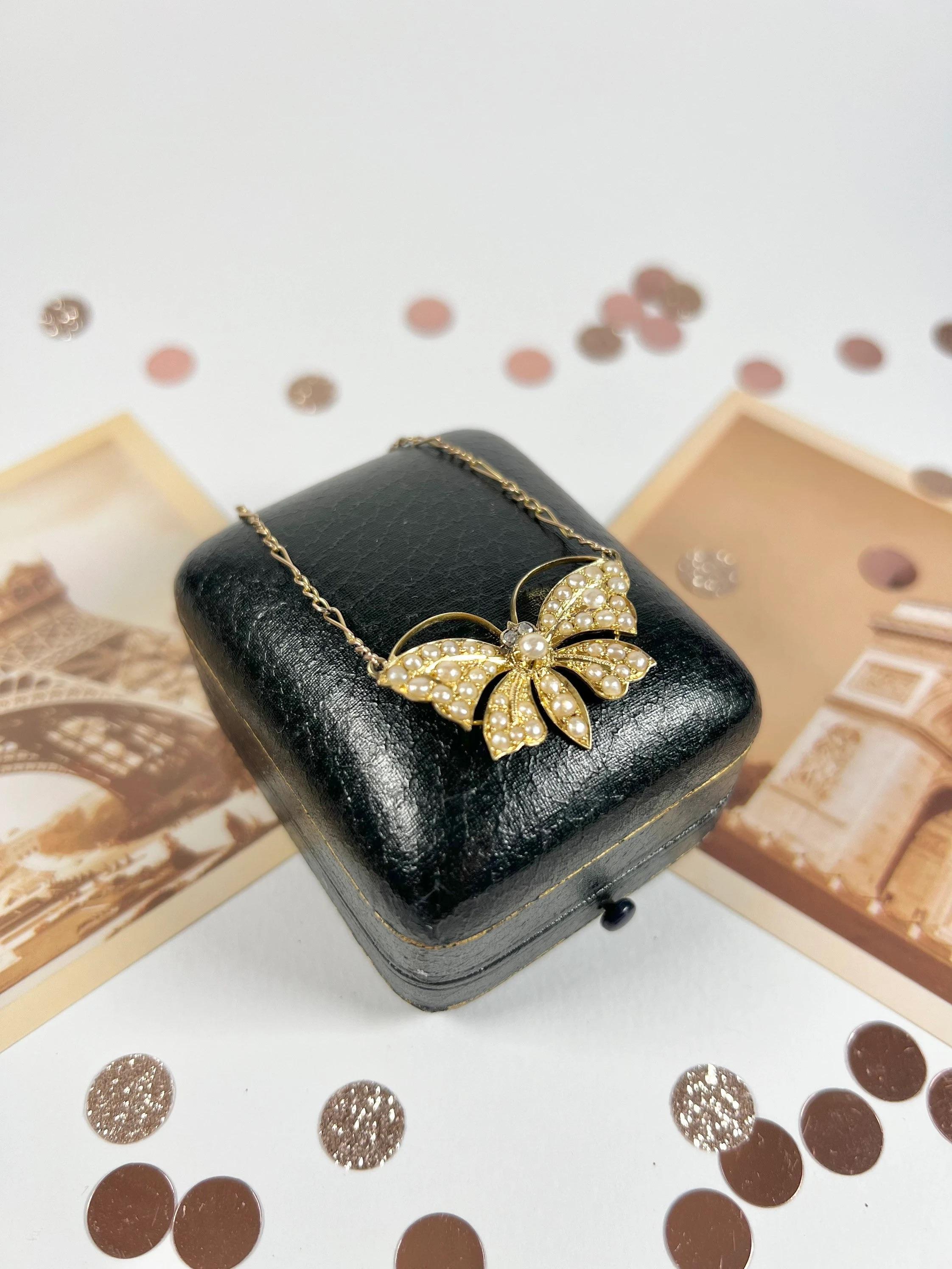 Collier papillon victorien en or 18ct avec perles de rocaille et yeux en diamant naturel en vente 3