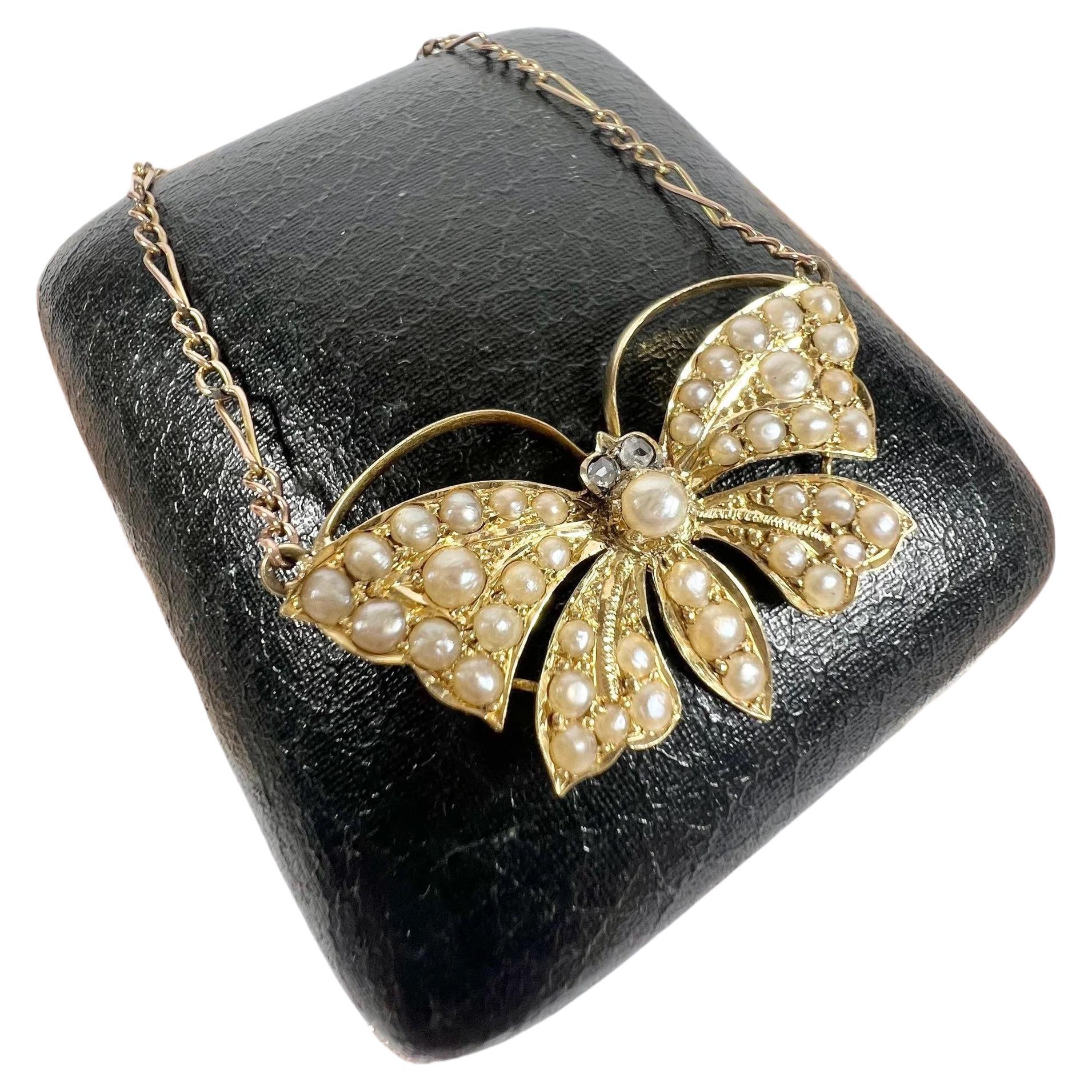 18ct Gold Victorian Butterfly Necklace Set with Seed Pearls Natural Diamond Eyes For Sale