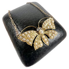 Antique 18ct Gold Victorian Butterfly Necklace Set with Seed Pearls Natural Diamond Eyes