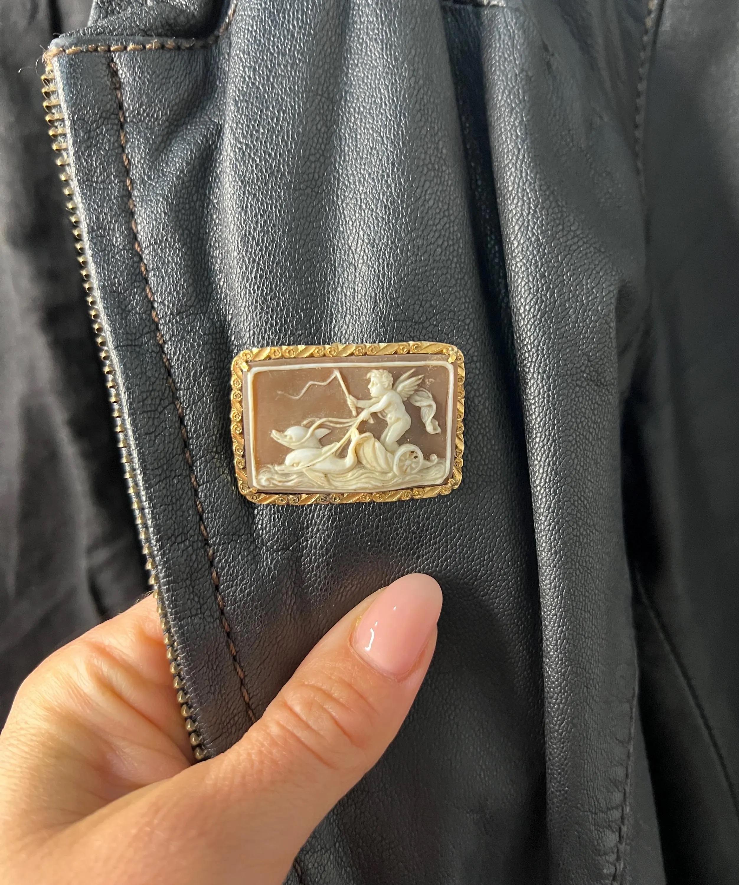18 Karat Gold viktorianischer Kamee-Anhänger/Brosche, Cherub, Eros und Delphin Chariot Muschel (Viktorianisch) im Angebot