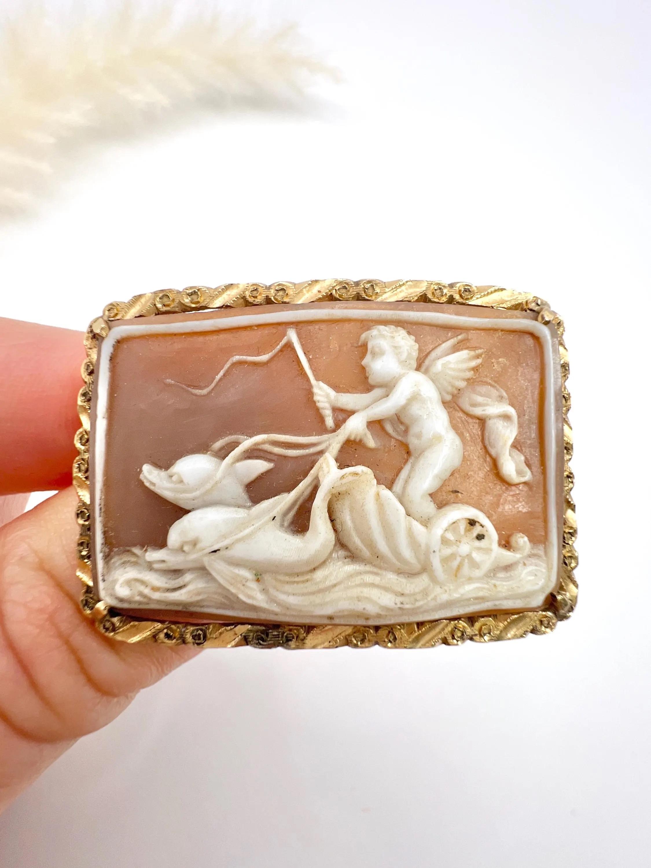 18 Karat Gold viktorianischer Kamee-Anhänger/Brosche, Cherub, Eros und Delphin Chariot Muschel im Angebot 1