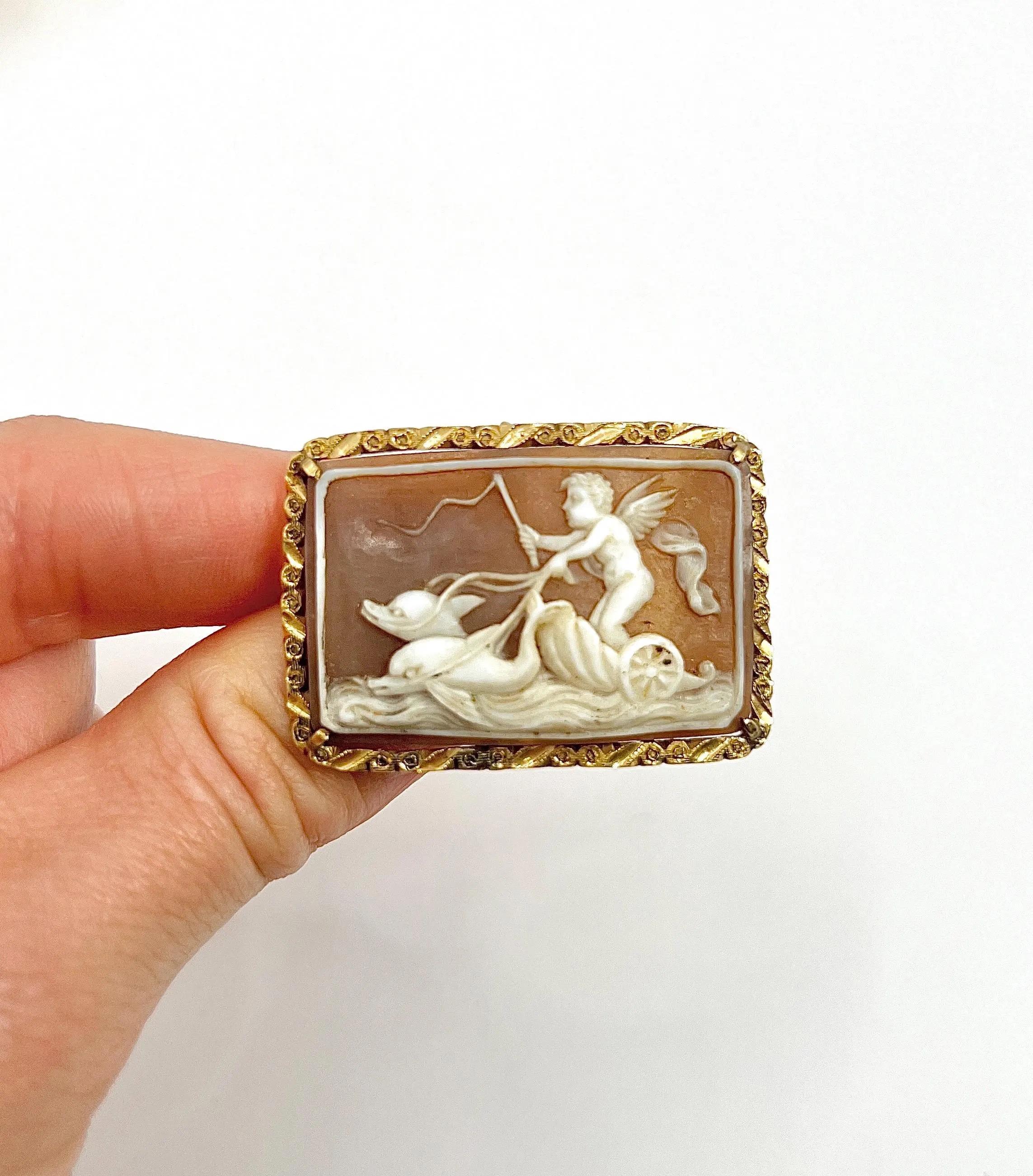 18 Karat Gold viktorianischer Kamee-Anhänger/Brosche, Cherub, Eros und Delphin Chariot Muschel im Angebot 2