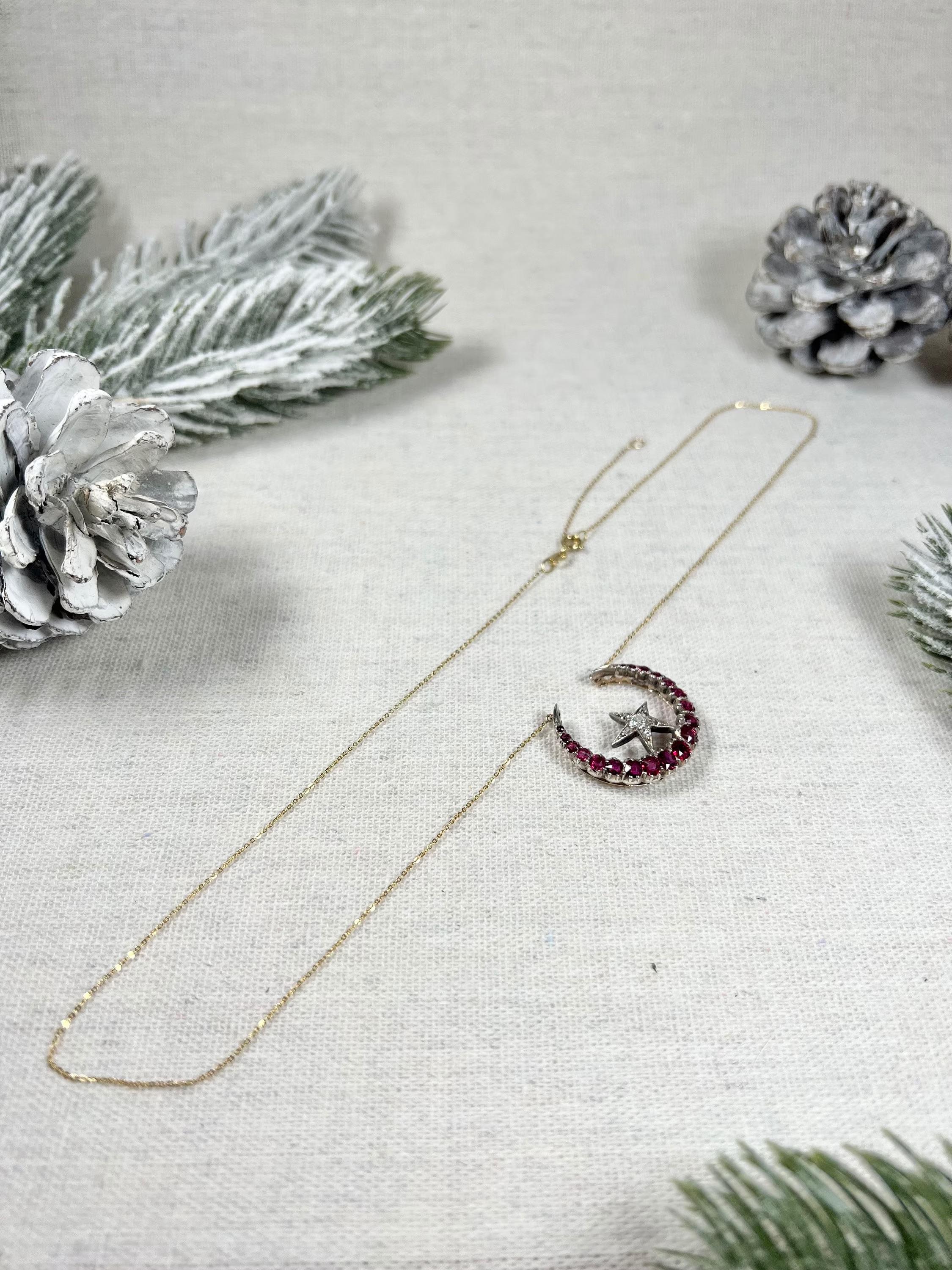 18ct Gold, Victorian Natural Ruby & Diamond Crescent Moon Star Pendant Necklace For Sale 4