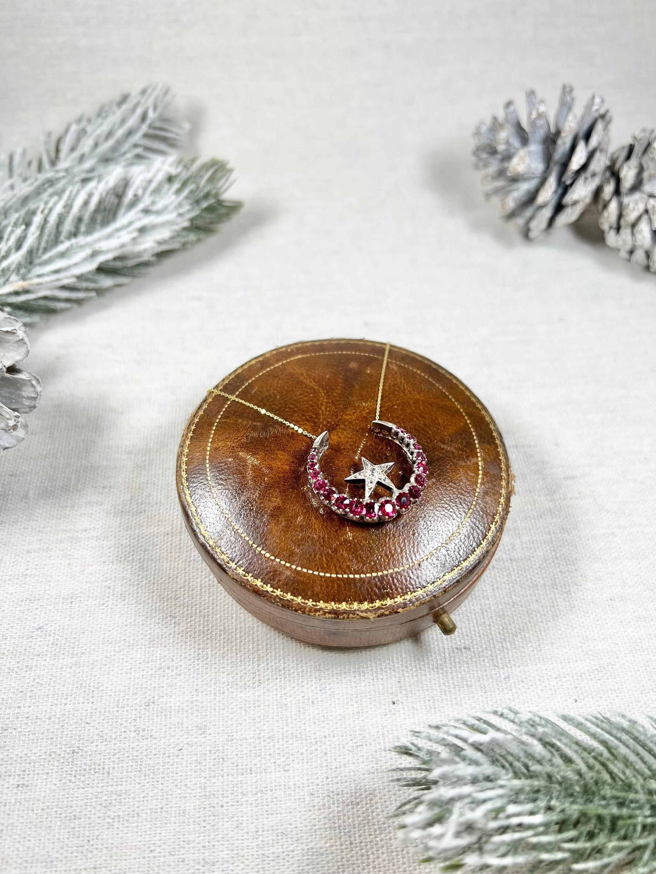 Women's or Men's 18ct Gold, Victorian Natural Ruby & Diamond Crescent Moon Star Pendant Necklace