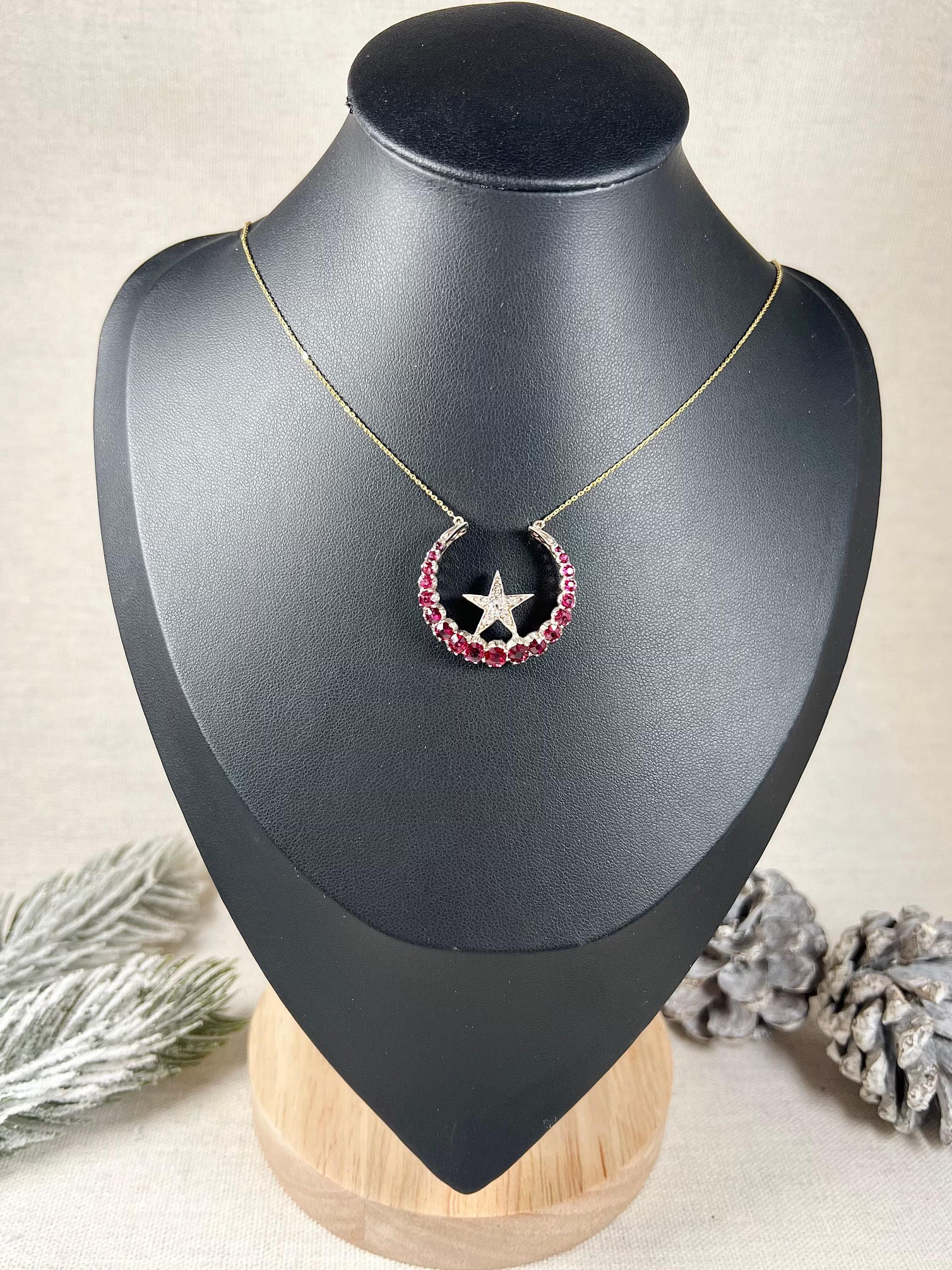 18ct Gold, Victorian Natural Ruby & Diamond Crescent Moon Star Pendant Necklace For Sale 2